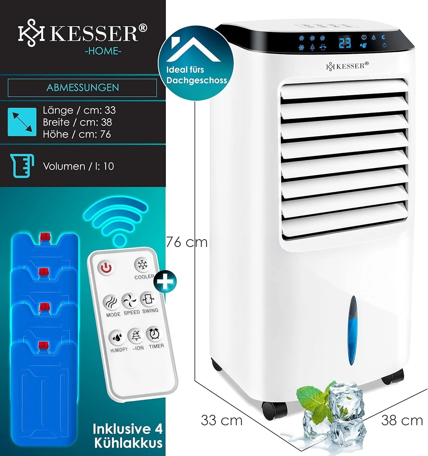 KESSER 4-in-1 Mobiele Airco | Afstandsbediening | Klimaatregelaar | Ventilator Airconditioning | Timer | 3 Niveaus | Ionisator Luchtbevochtiger | Luchtkoeler |