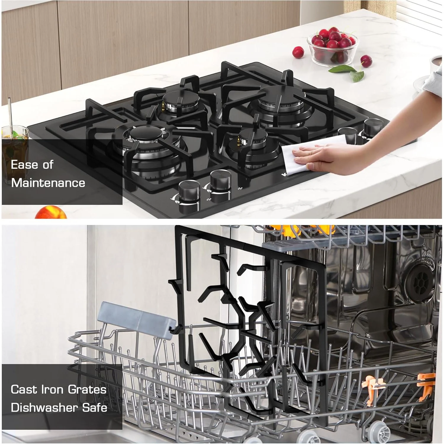 24 Inch Black Gas Cooktop - Built-in Dual Fuel Natural Gas & Propane Stove - 4 Burner Convertible Cooktop with Thermocouple Protection