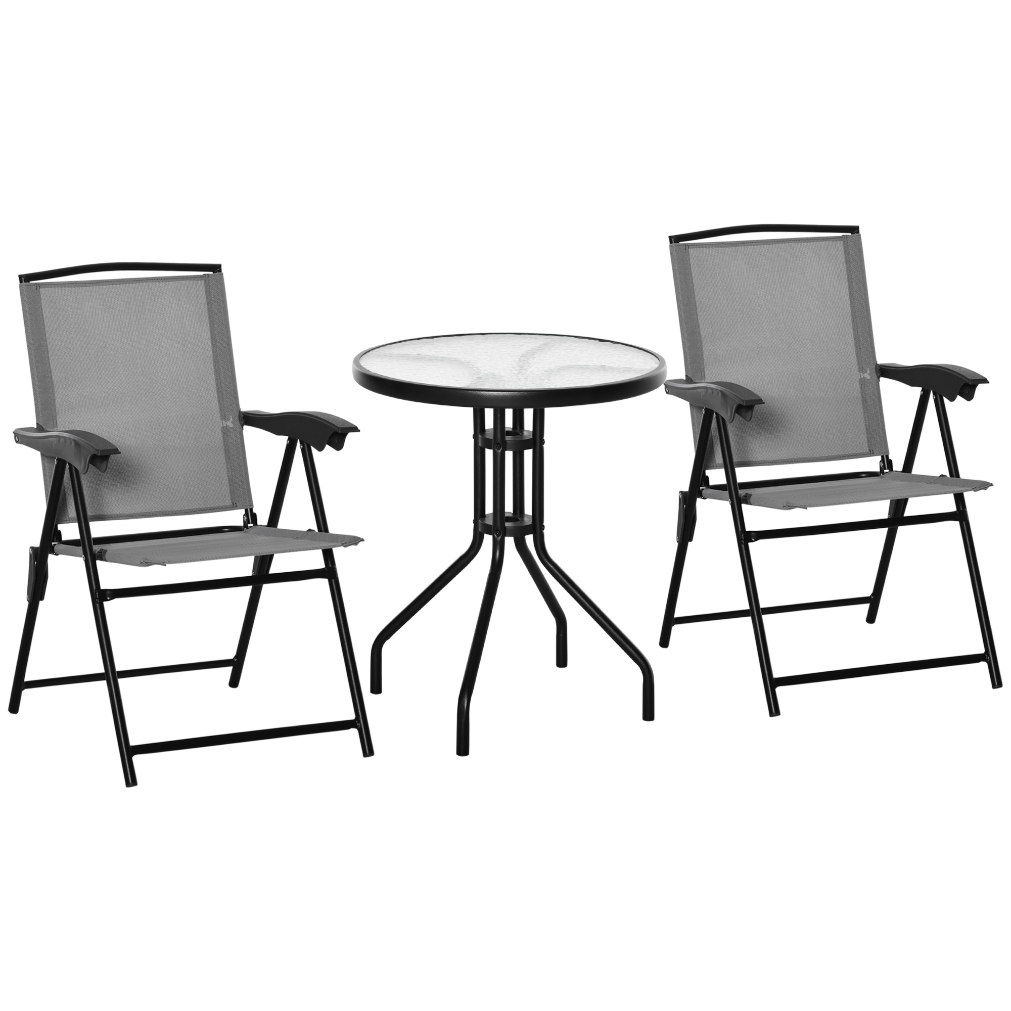 Outsunny 3-teiliges Gartenmöbelset, 2 klappbare Mehrpositions-Stühle, runder Tisch, gehärtetes Glas, Stahl, Textilene, Grau