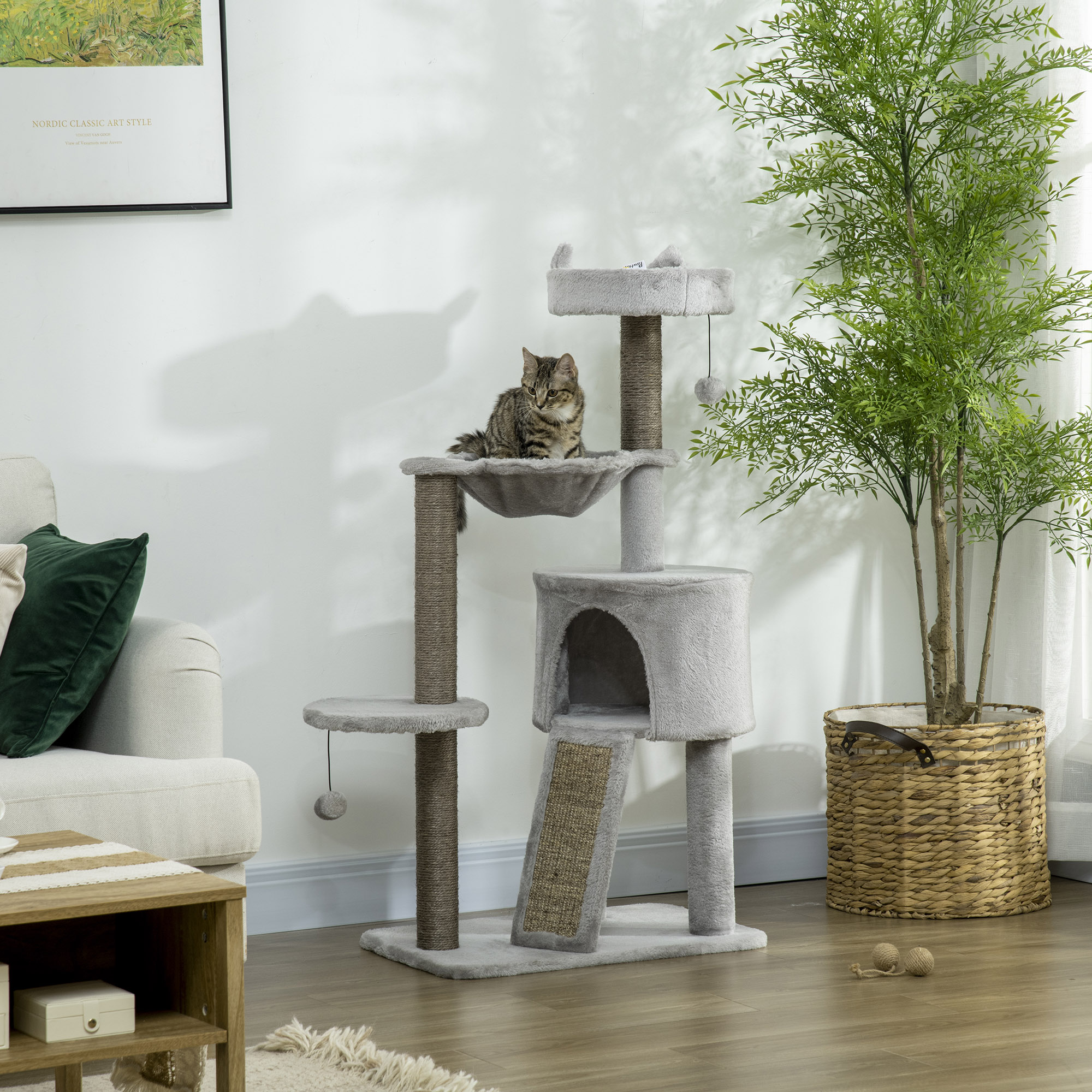 Pawhut Kratzbaum inkl. Katzenhöhle, Katzenbett, Katzenhängematte und Spielzeug 60 cm x 40 cm x 113 cm, Hellgrau