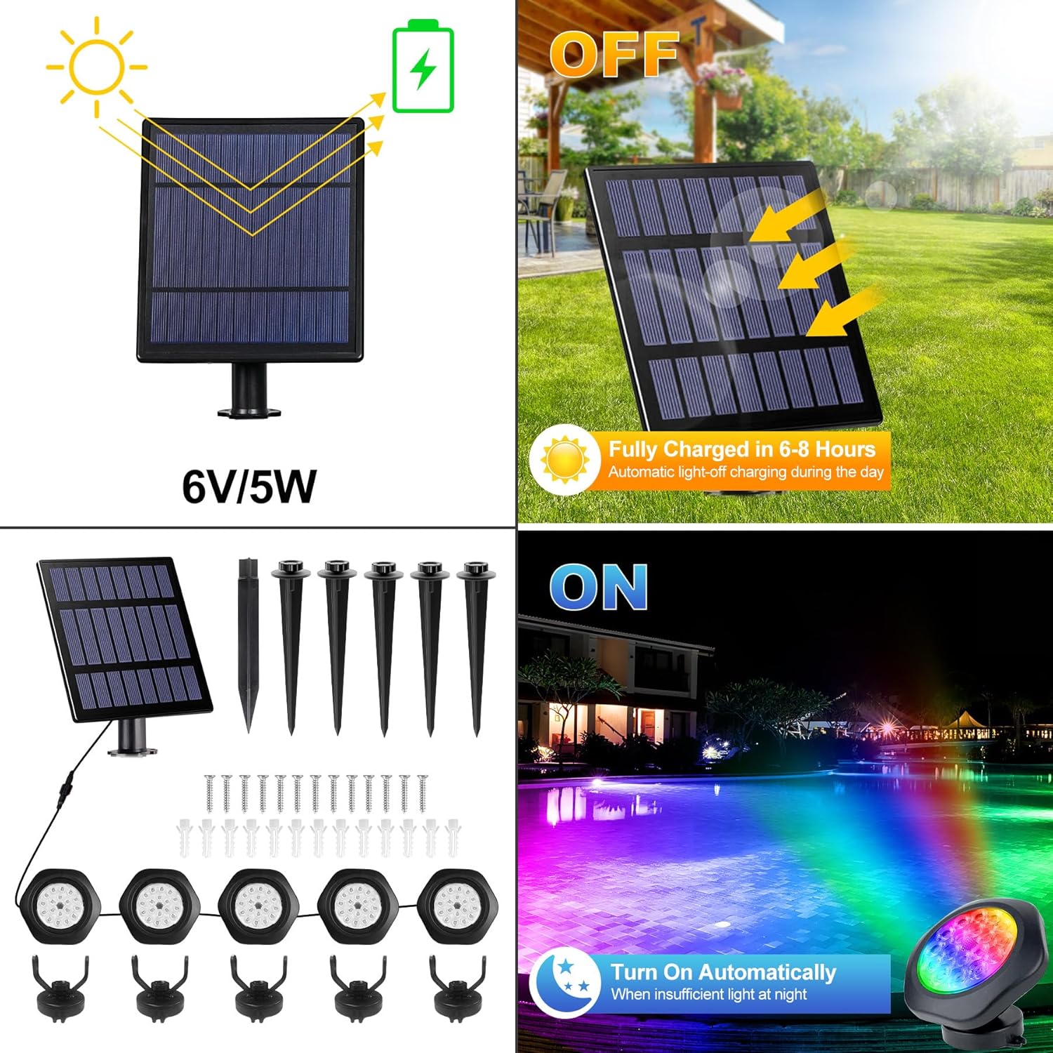 Solar-Teichleuchten für den Außenbereich, Landschafts-Spot, Unterwasser-Teichlicht, LED, RGB-farbig, IP68, wasserdicht, Brunnenlicht für Garten, Hof, Rasen, Weg (5 Stirnlampen)