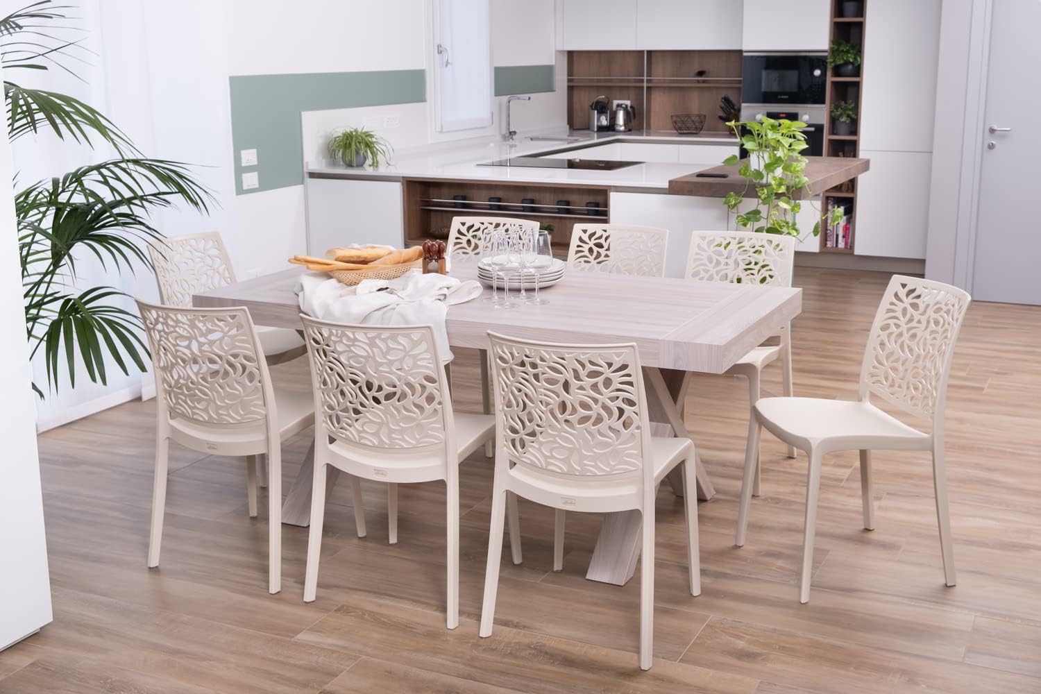 Sedie in polipropilene con fibra di vetro impilabili per interno, cucina o sala da pranzo, per esterno e giardino, sedie da bar e ristorante, design moderno - Anna (4 Sedie, Crema)