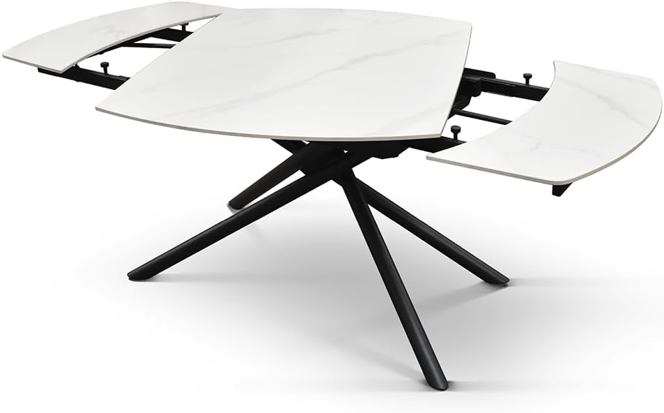 tavolo allungabile girevole Achille, piano in ceramica bianca statuario, gambe in metallo nero, 120 x 88 x 76 cm - id_2206