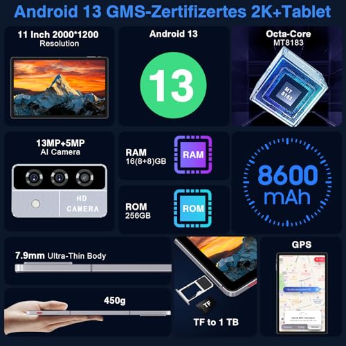 2k  Tablet 11 Pollici Android 13,16GB RAM 256GB ROM (TF 1TB) 5G WiFi, 2000X1200 Pixel, 4 Altoparlantis, Octa Core 2.0Ghz |8600mAh |5 13 2MP |BT 5.0 | 2 in 1 Tablet con Mouse e Tastiera   Grigio : Moda