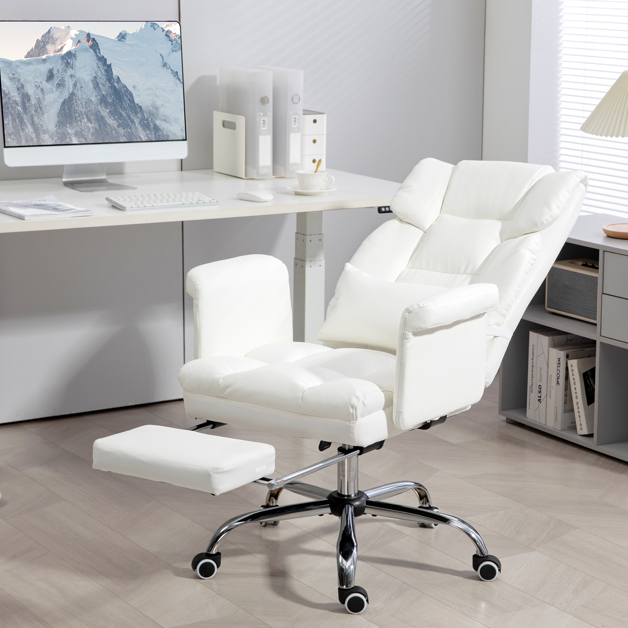 HOMCOM Ergonomischer Bürostuhl, höhenverstellbar 48-56 cm, neigbare Rückenlehne, Fußstütze, Weiß