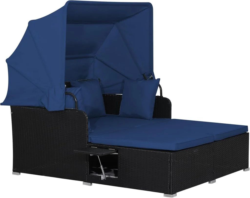 RELAX4LIFE Patio Outdoor Daybed with Canopy, Wicker Sunbed w/Cushions, 4 Pillows & 2 Retractable Side Trays, 2-Person Lounge Bed Conversation for Poolside Porch Garden, Rattan Outdoor Bed (Turquoise)