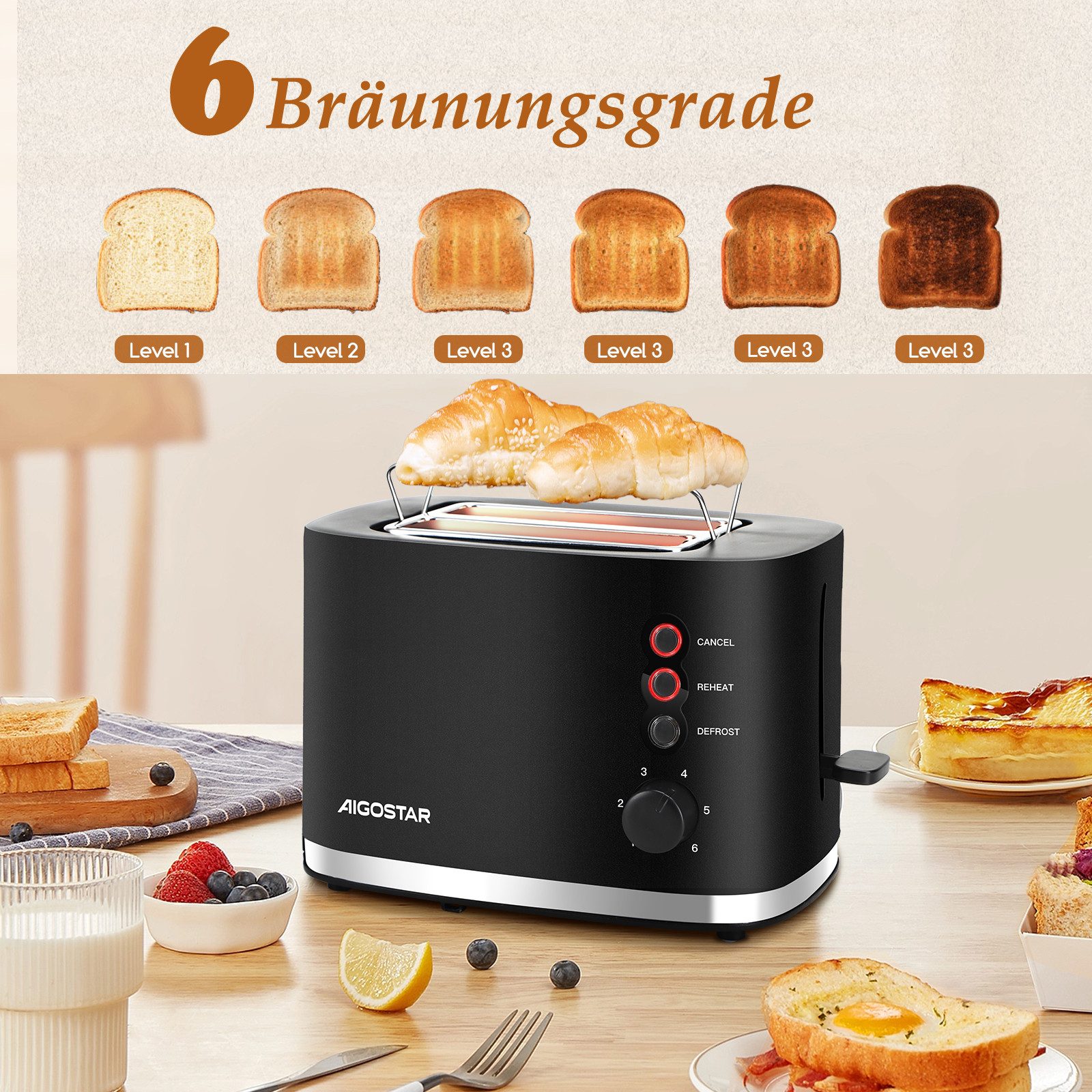 Toaster Toaster 2 Scheiben, extra breite Toastschlitze, 6 Bräunungsstufen,800W
