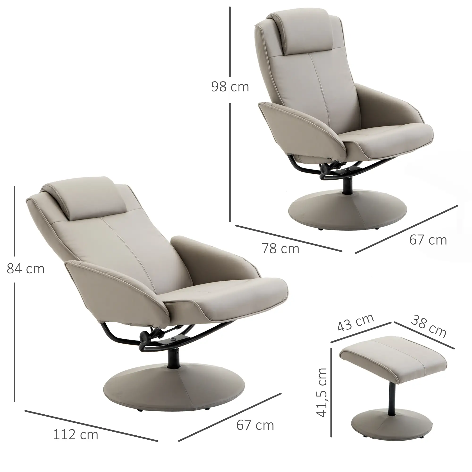 HOMCOM Relaxsessel mit Hocker ergonomisch neigbar Kunstleder Grau