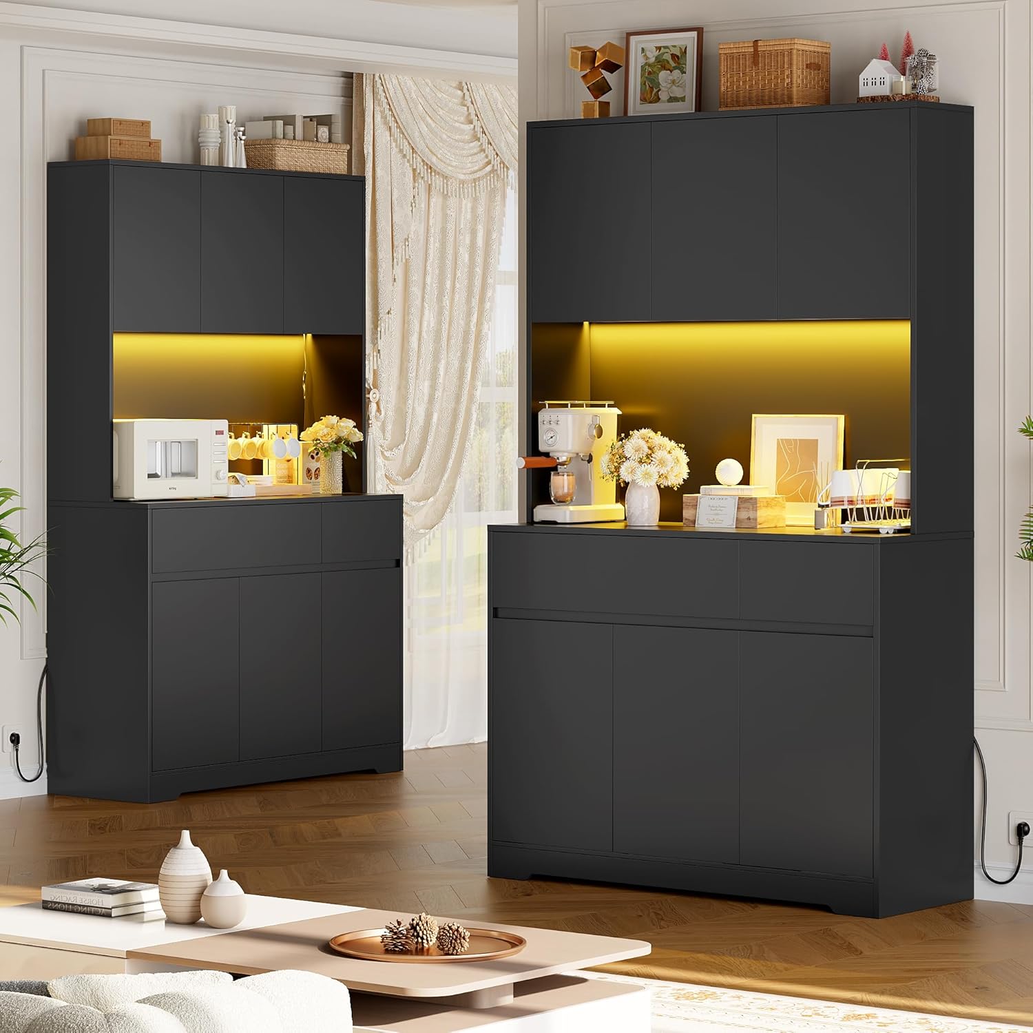 FirFurd Küchenschrank Buffetschrank mit LED und Steckdose Küchenschrank mit Arbeitsplatte Sideboard für Küche Wohnzimmer Esszimmer Küchenbuffet 180x100x38,5cm schwarz