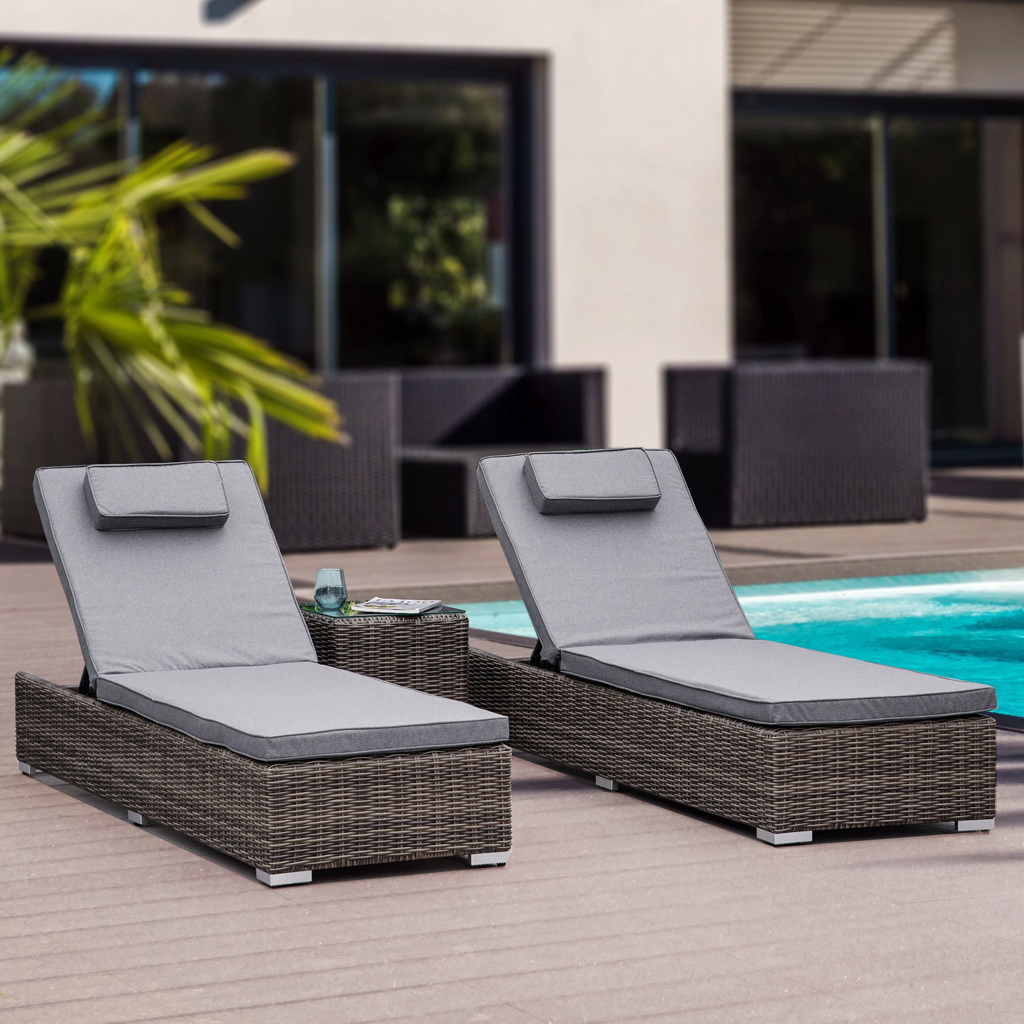 Outsunny poly rotan ligstoel met bijzettafel verstelbaar 60 x 195 x 86 cm