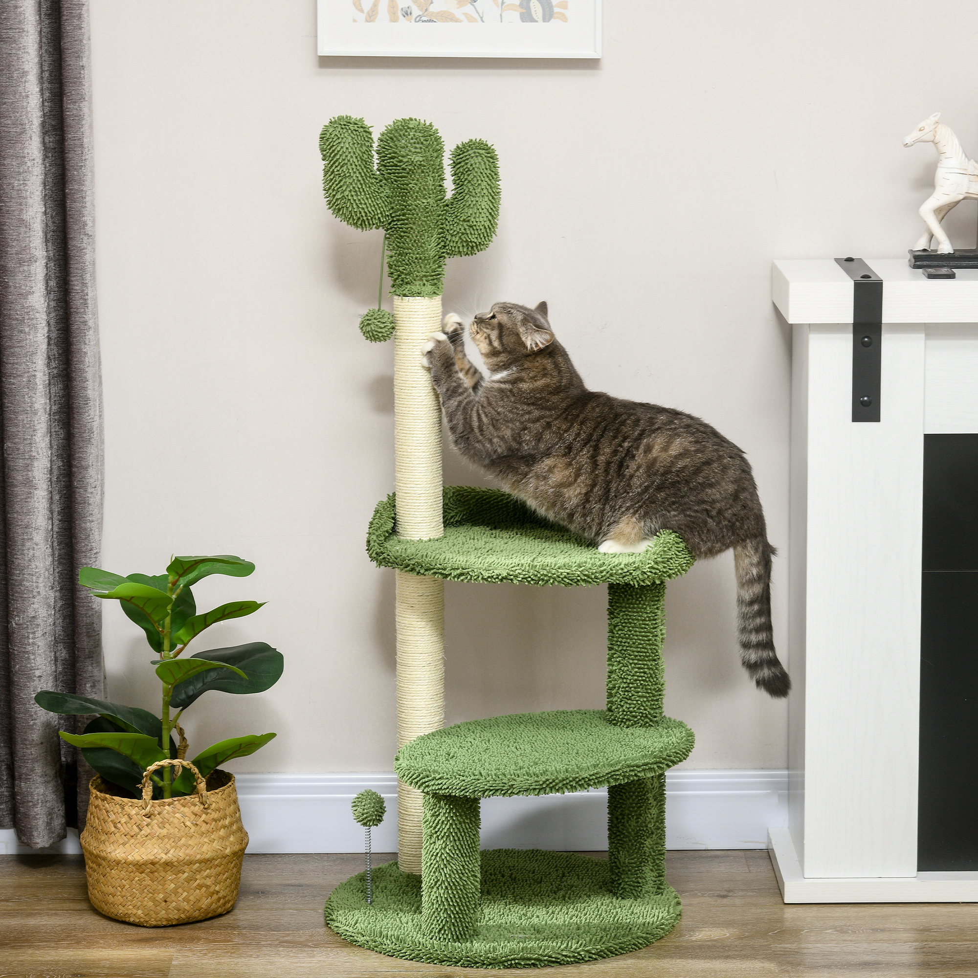 PawHut Kratzbaum im Kaktus-Design, 2 Plattformen, weicher Bezug, 2 Spielbälle, für Indoor, grün, Φ49 x 111cm