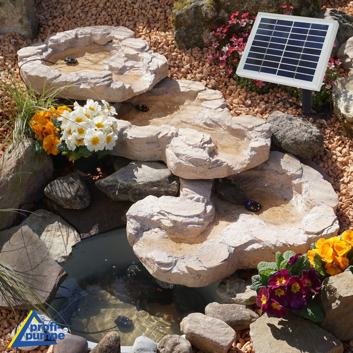 Solar GARTENBRUNNEN Bachlauf QUELLBACH II mit LED-Licht/Hybrid-System, 230V ZIERBRUNNEN VOGELBAD Wasserfall GARTENLEUCHTE TEICHPUMPE - SPRINGBRUNNEN WASSERSPIEL für Garten, Gartenteich, Teich