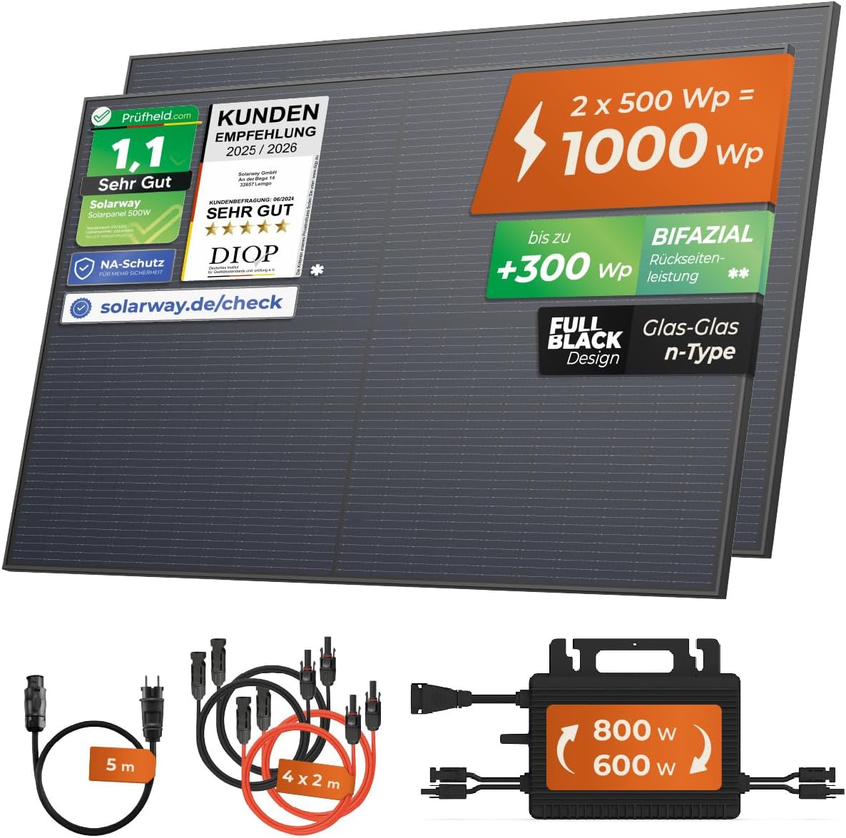 Solarway® Balkonkraftwerk 800W mit 1000Wp Solarmodulen – Komplettset mit Hoymiles HMS-800W-2T Wechselrichter – 2× 500W bifaziale Black Solarpanels – Mini PV Anlage für Steckdose inkl. Zubehör