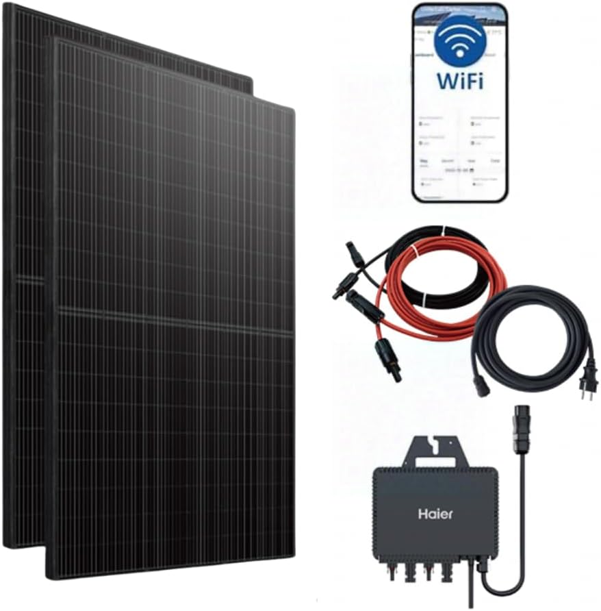 Haier Impianto solare da balcone da 880 W, con 2 moduli da 440 W e invertitore, cavo da 5 m, WiFi