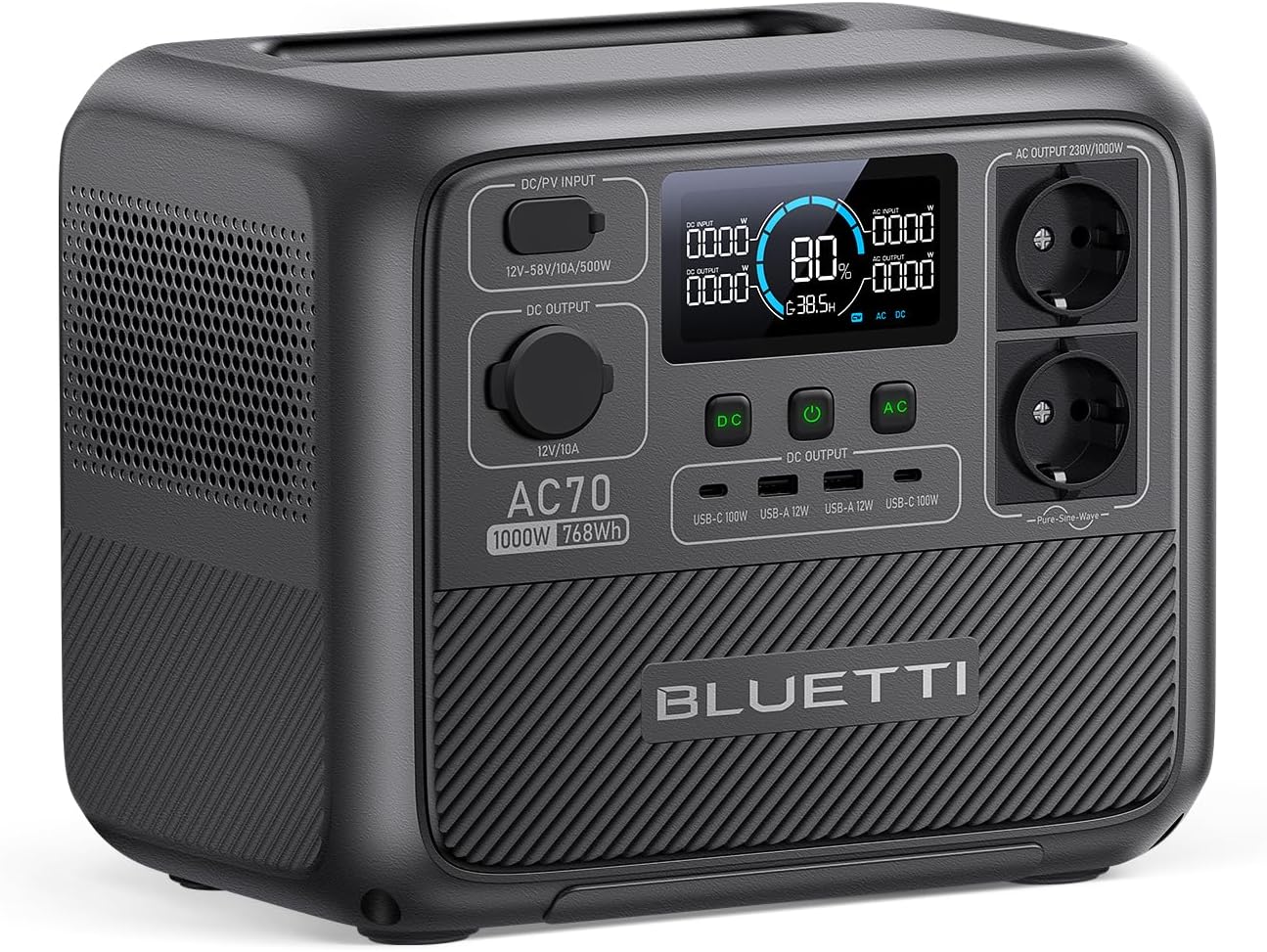 BLUETTI Centrale Elettrica Portatile AC70, 768Wh LiFePO4 Batteria Backup, 2 1000W AC Uscite (Power Lifting 2000W) 100W Type-C, 45 minuti dallo 0 all'80%, Generatore Solare per Campeggio, Viaggio