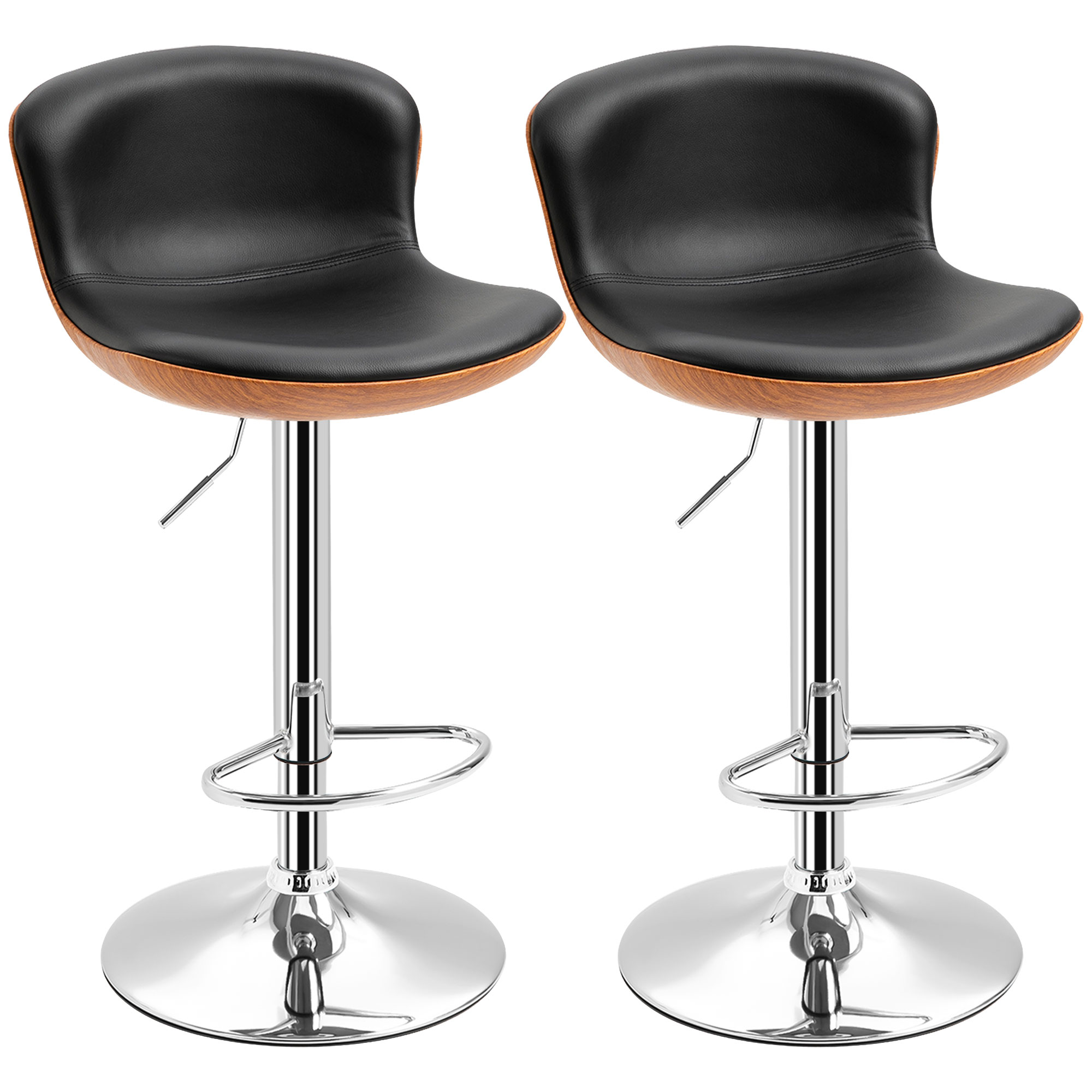 HOMCOM 2er-Set Barhocker mit Fußstütze, Barstuhl mit Rückenlehne, Bistrohocker, Esszimmerstuhl höhenverstellbar drehbar, Kunstleder, Schwarz, 46 x 53,5 x 85-106 cm