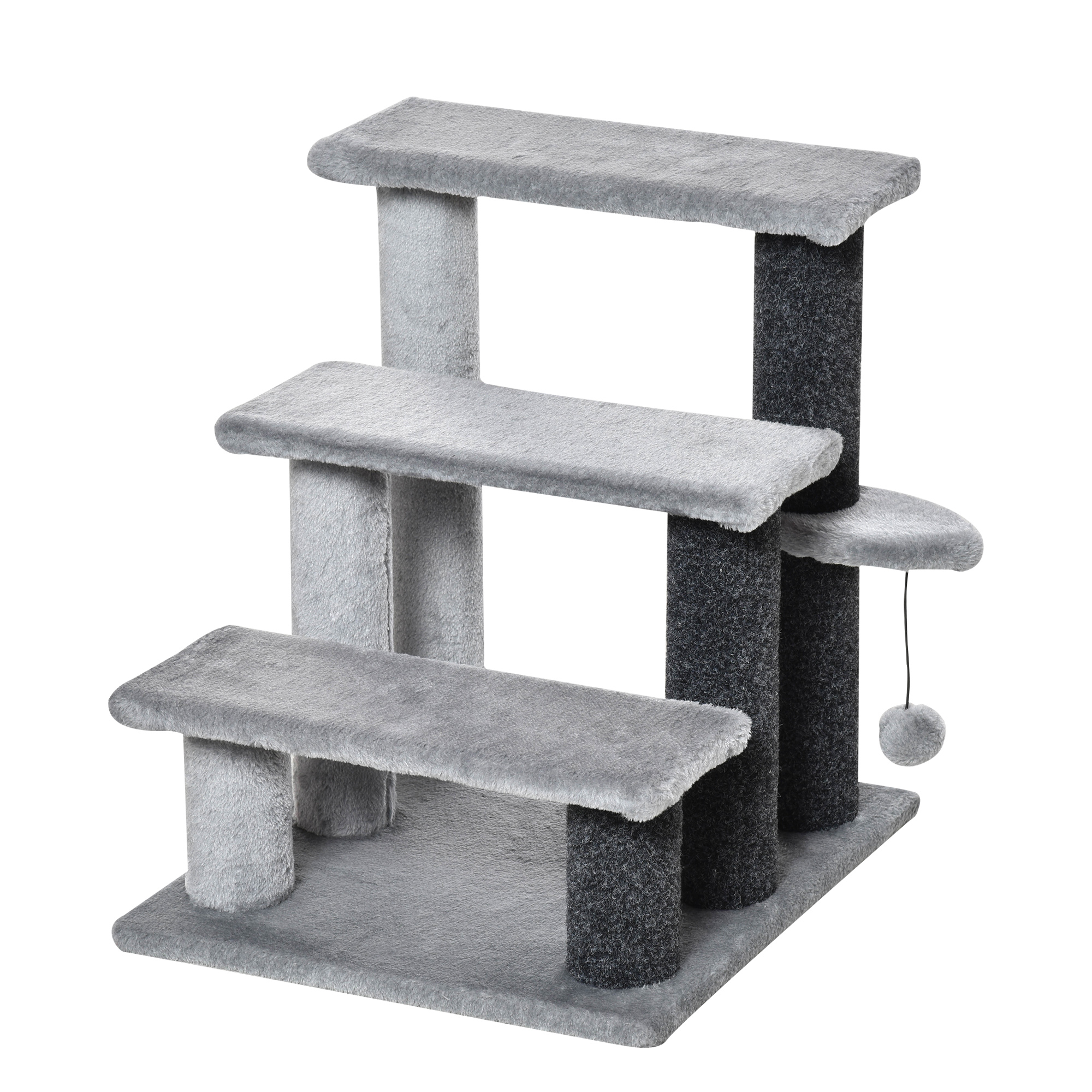 PawHut Katzentreppe 3-stufige Haustiertreppe mit Kratzsäulen Ball Hundetreppe Tiertreppe für Katzen bis 5 kg Plüsch Jute Grau 45 x 40 x 48 cm