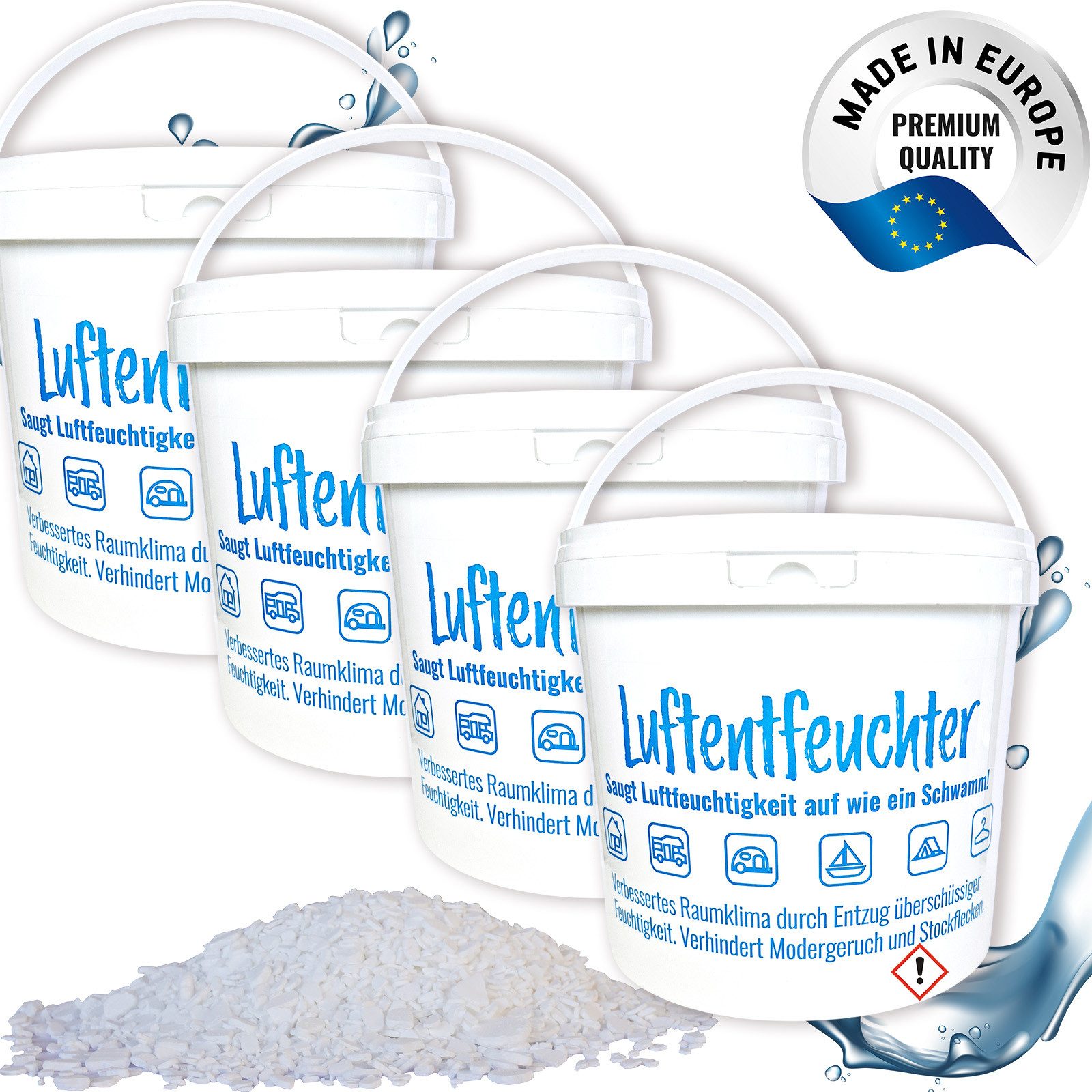 Luftentfeuchter Nachfüllpack Granulat 4x 4,8 kg in 5 L Nachfüll-Eimer portionierbar
