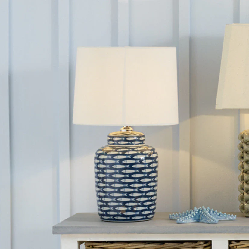 Shoal Blue & White Fish Ceramic Table Lamp with Cream Shade