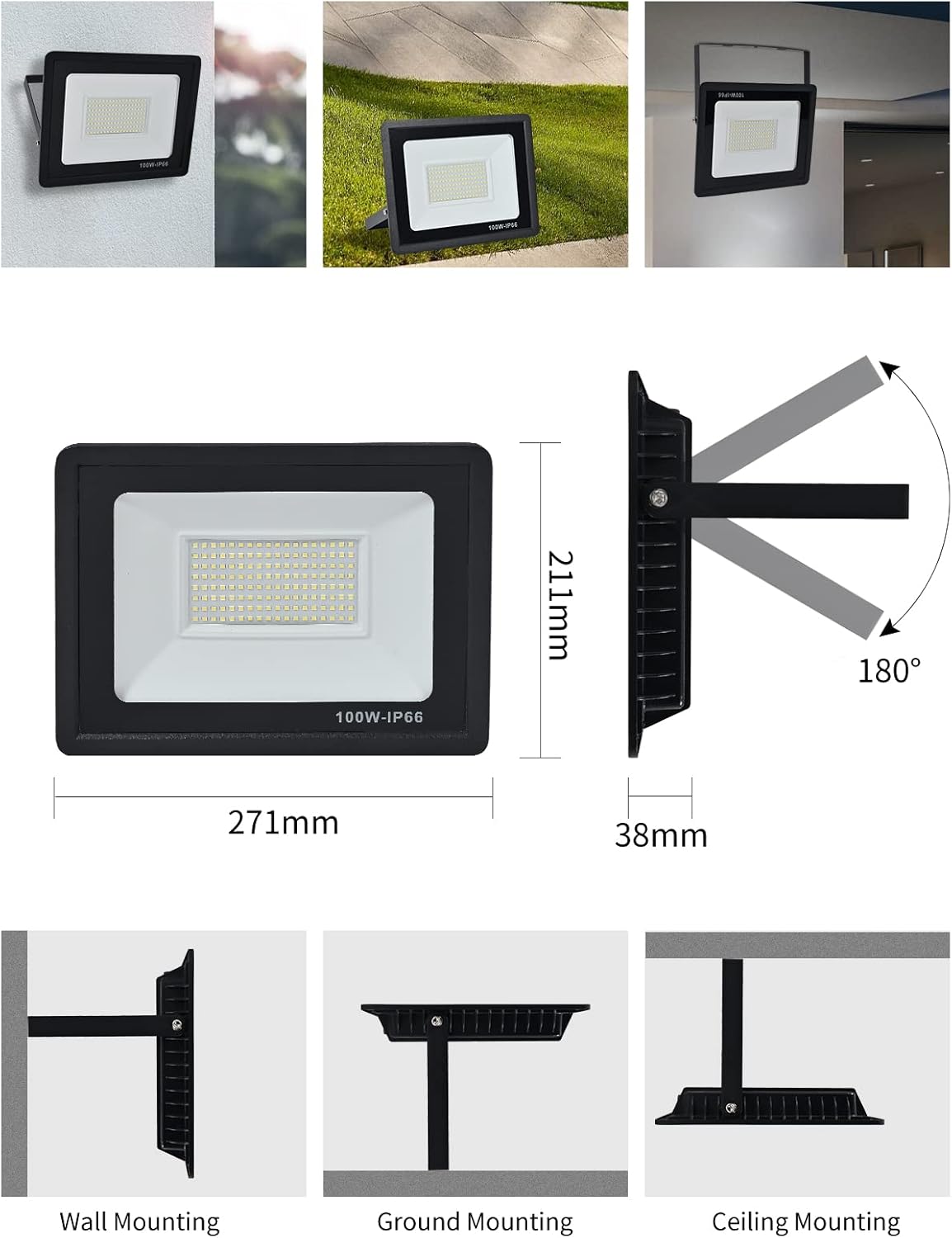 LED Strahler Außen 100W, 10000LM Superhell Scheiwerfer Flutlicht, 6000K Kaltweiß IP66 Wasserfest Außenstrahler für Hinterhof, Auffahrt, Türen, Garage, Flur, Garten