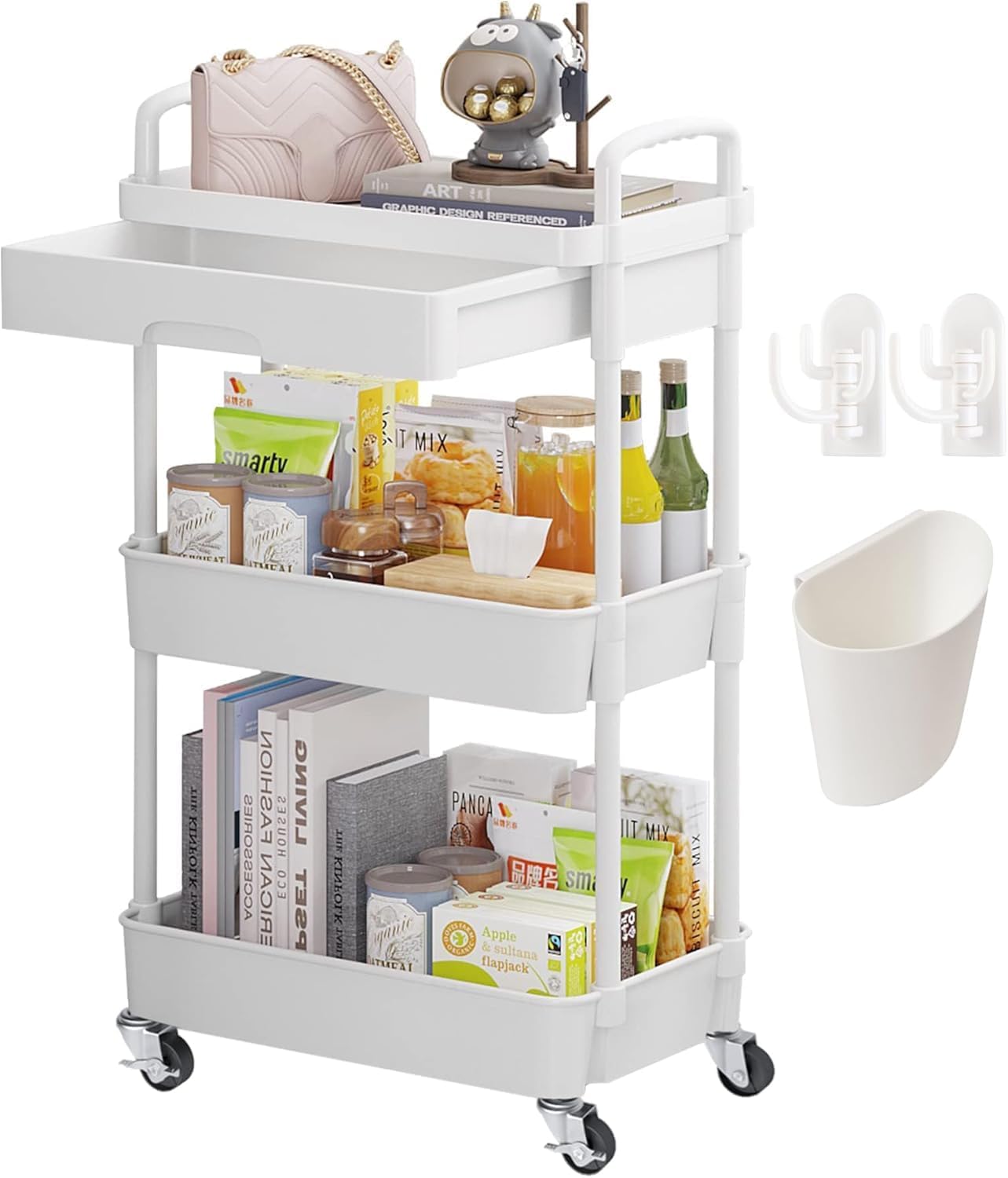 Wuciray 3 Levels Trolley with Wheels for Storage with Drawer, Space-Saving Trolley for Bathroom, Kitchen, Plastic
