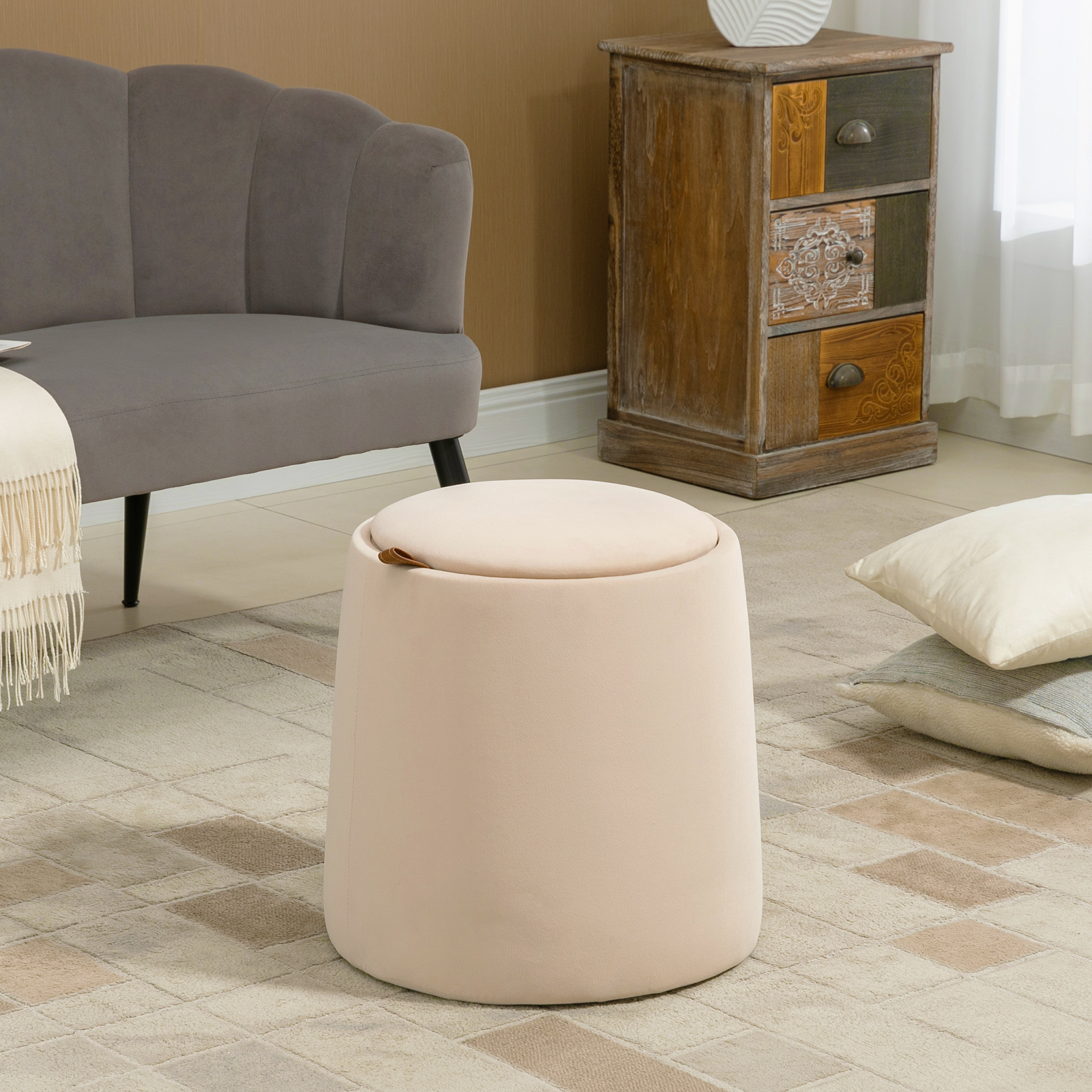HOMCOM 2-in-1 Hocker in Samtoptik inklusive Stauraum und abnehmbaren Deckel Φ44 cm x 47,5 cm Beige