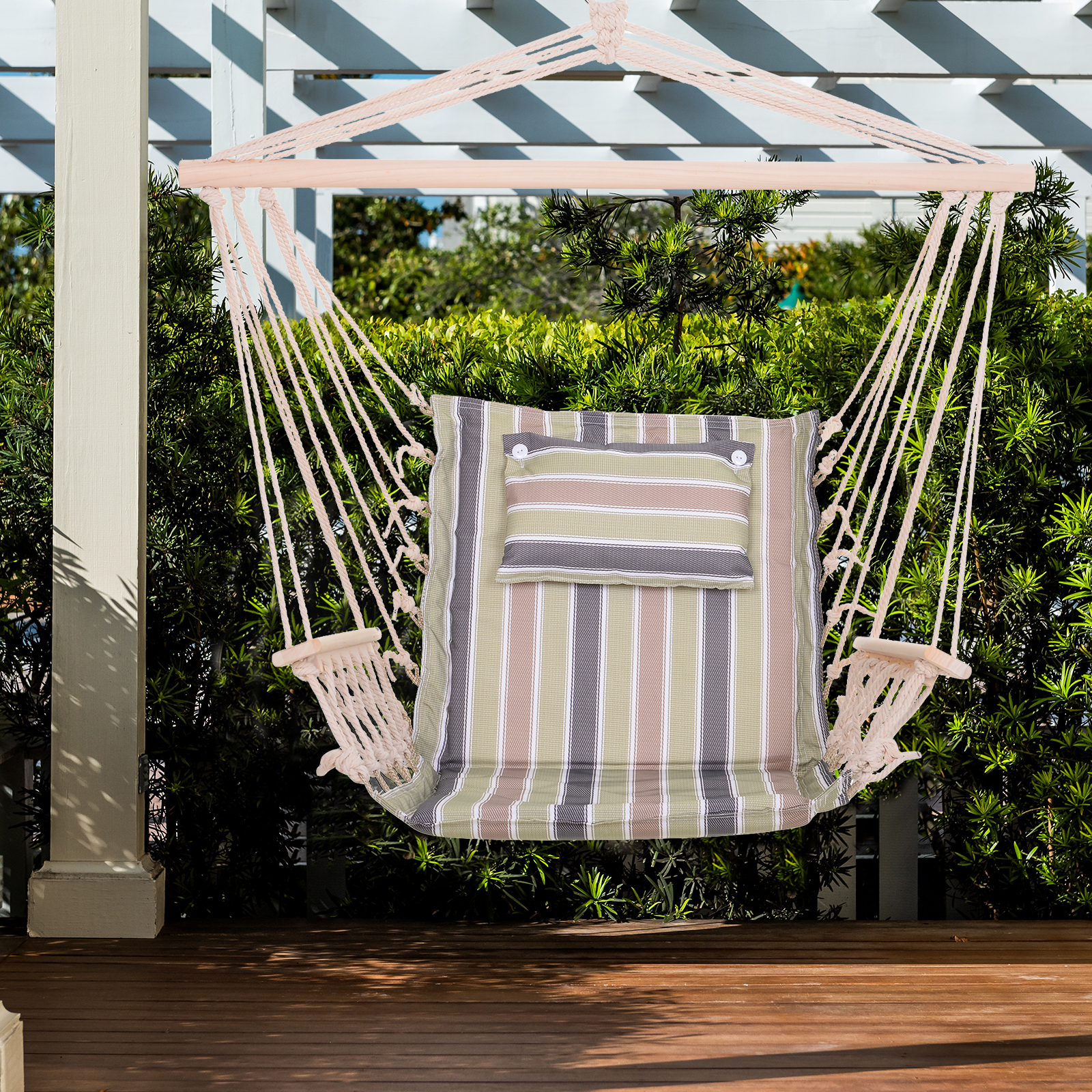 Outsunny Hängesessel mit Querstrebe und Kissen, Hängestuhl, hängesitz,h ängeschaukel, Leicht zu tragen, einfach verpackung und Aufbewahrung, bis 100 kg belastbar, mehrfarbig 100 x 106 cm