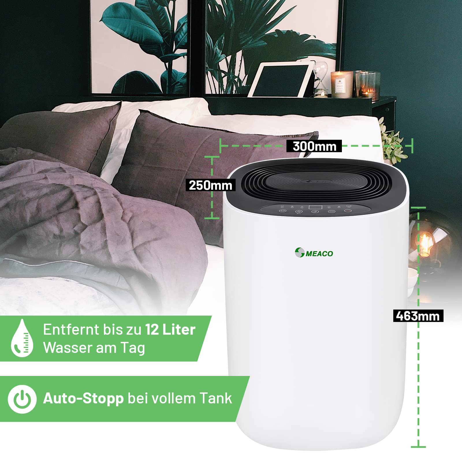 Luftentfeuchter 12 l 165 W 240 V mit 2 Betriebsstufen 35–40 dB Tankvolumen 12 l 25 x 30 x 46,3 cm Schwarz