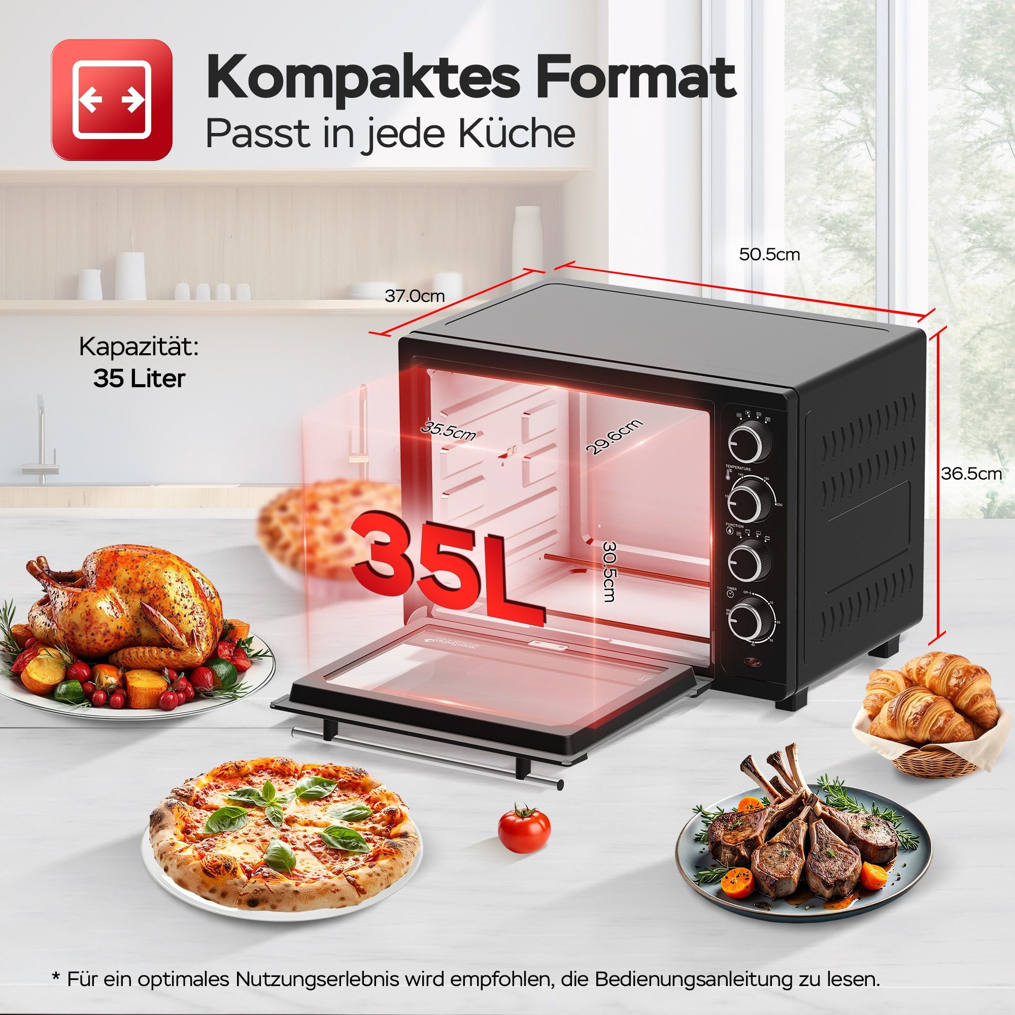 Minibackofen mit Umluft und Drehspieß 35 Liter, Schwarz, inkl. 2x Backbleche 1600W