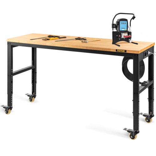 VEVOR Werkbank, höhenverstellbar, 154,9 x 50,8 cm, Garagentisch mit 79,5 cm – 104,9 cm Höhe und 725,7 kg Kapazität, Steckdosen und Hartholzplatte und Metallrahmen und Lenkrollen, für Werkstatt Büro Zu
