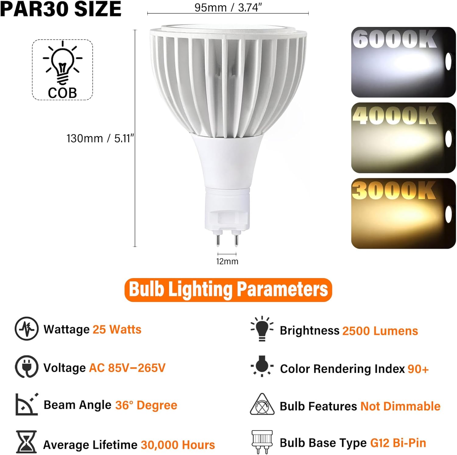 PAR30 LED-Leuchtmittel, G12-Sockel, PAR30-Strahler, COB, 25 Watt (entspricht 200 Watt), 2750 Lumen, 36° Abstrahlwinkel, PAR30-Lichtquelle mit langem Hals, Nicht dimmbar