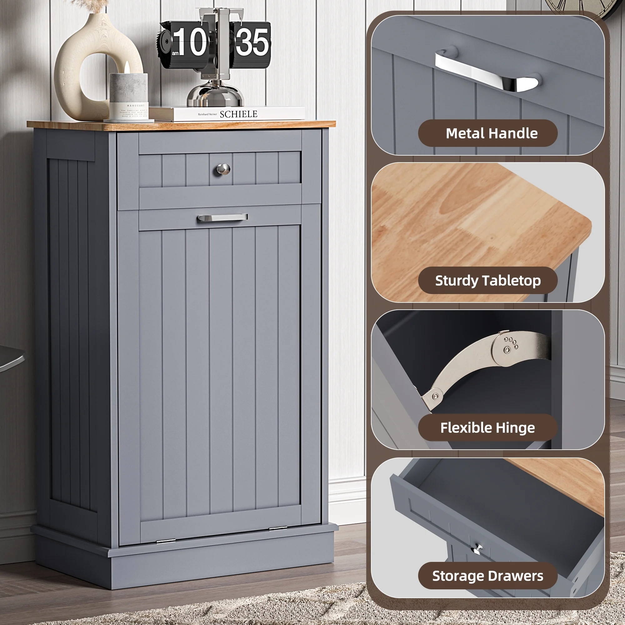 HARIPUL Single Tilt Out Trash Cabinet for 13 Gallon Waste Bin, Free Standing Kitchen Trash Can Cabinet with Drawers, White