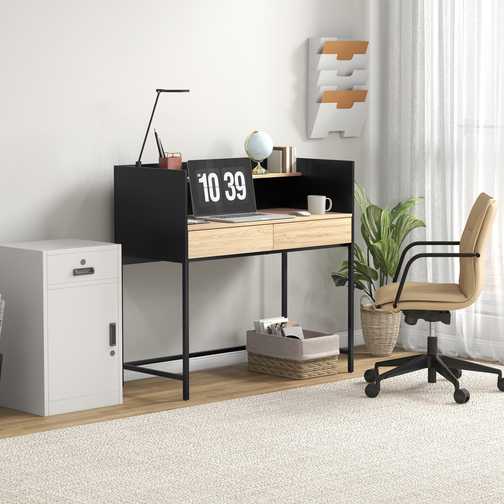 HOMCOM Moderner Design-Schreibtisch, 1 Regal, 2 Schubladen, schwarzes Metallgestell, Holzpartikeln, Maße 106 B x 51,5 T x 102,5 H cm