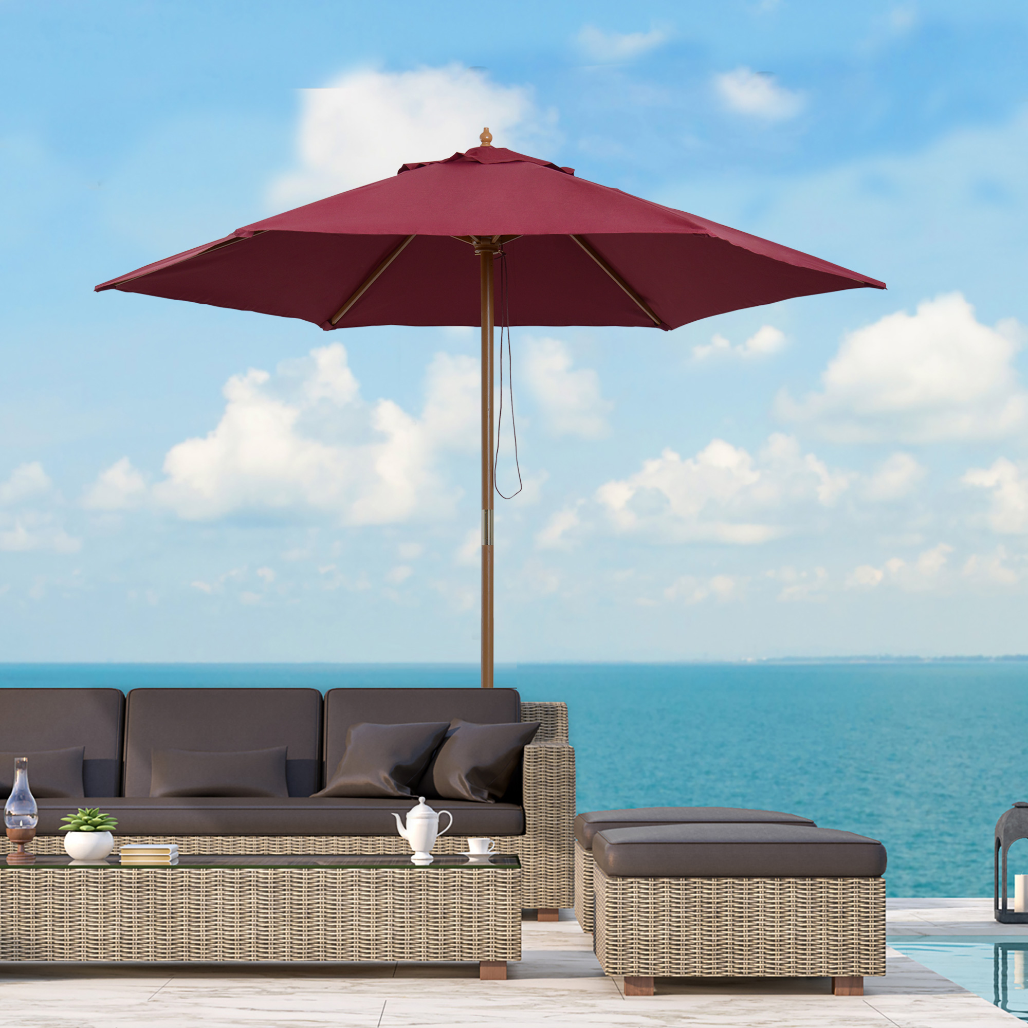 Outsunny Runder Garten-Sonnenschirm aus Holz und Polyester mit Seilöffnung, 2,5x2,3 m, Bordeaux