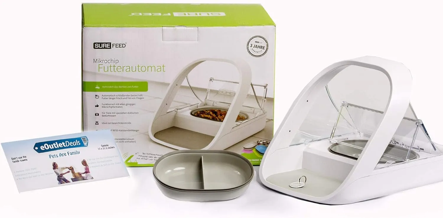 Automatischer Futterautomat f��r Haustiere - Mikrochip-Futterautomat f��r Haustiere - MPF001 - Geeignet f��r Nass- und Trockenfutter - Bonus eOutletDeals Tierhandtuch