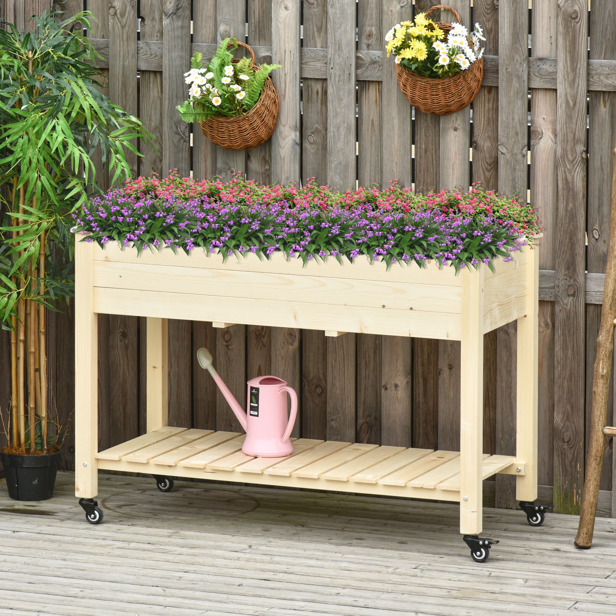 Outsunny Hochbeet mit rädern Pflanztisch Blumenkasten mit Abfluss Massivholz Vliesstoff Natur 118 x 55 x 83 cm