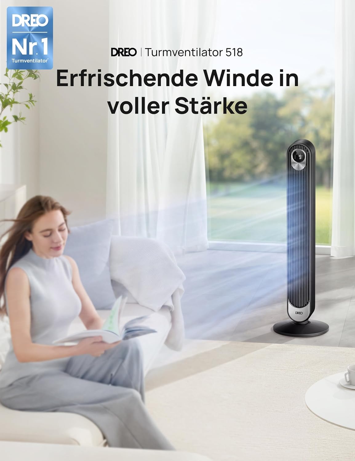 DREO DC Motor Turmventilator Leiser, 11M Windentfernung Ventilator mit Kühlung Fernbedienung, 9 Stufen 4 Modi, 90° Oszillierender Stand Ventilatoren für Schlafzimmer, Tower Fan mit 12H Timer