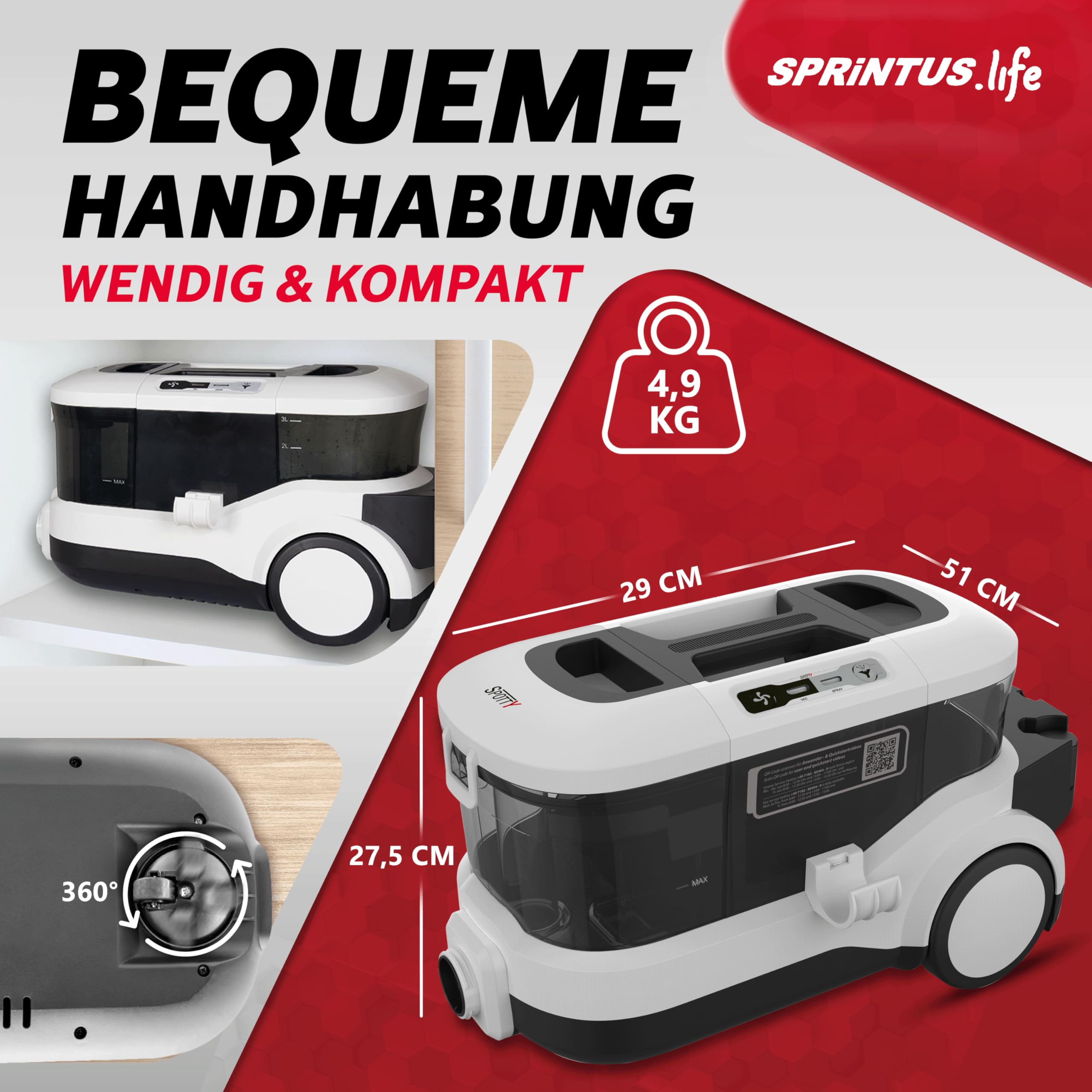 Nasssauger Polsterreiniger SPOTTY mit 3 bar Sprühdruck und 170 mbar Saugleistung für Teppich, Polster, Tierhaar, Auto und Hartboden