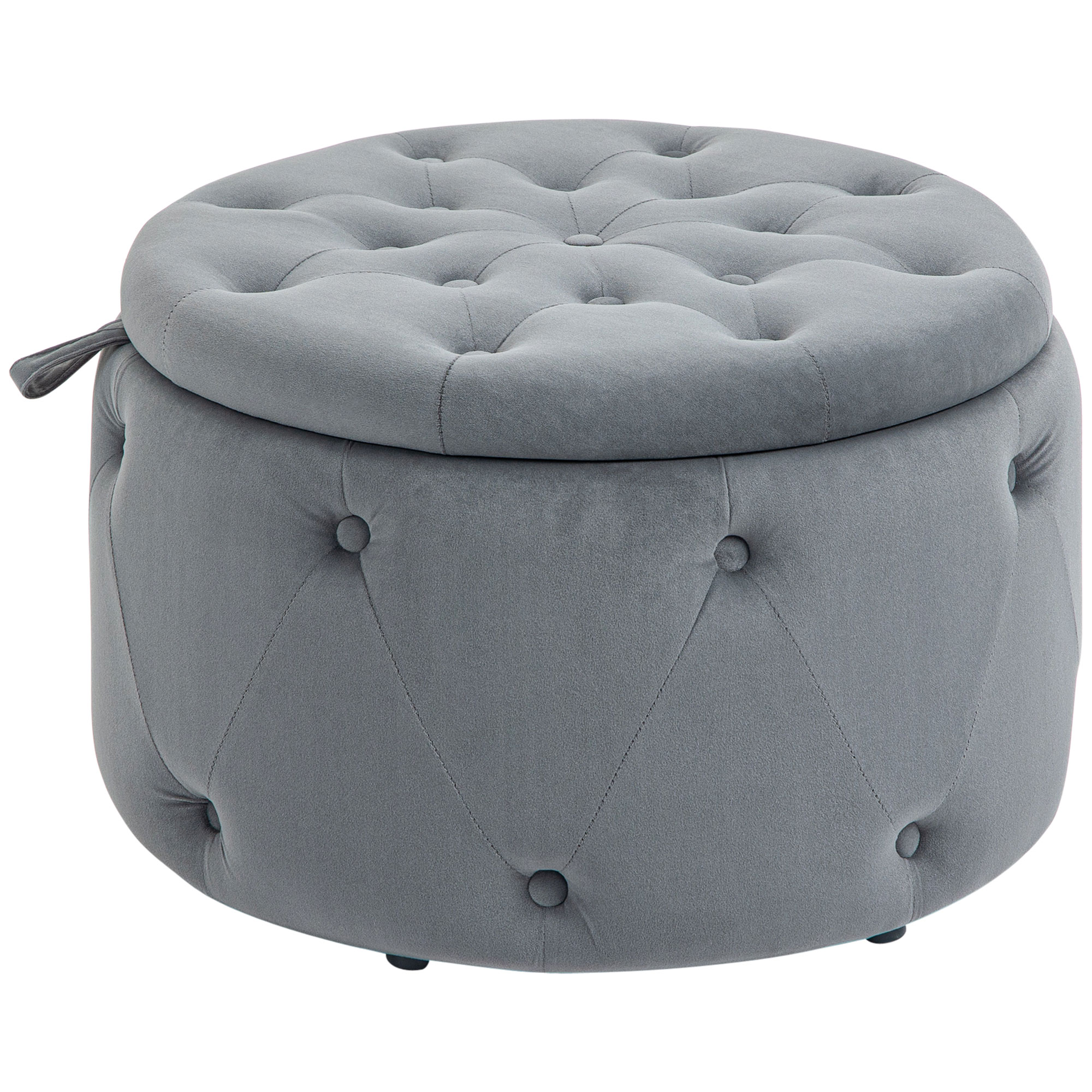 HOMCOM Hocker, rund, mit Staufach, Steppdesign mit Knöpfen, Bezug in Samtoptik, grau, 60 x 60 x 40cm