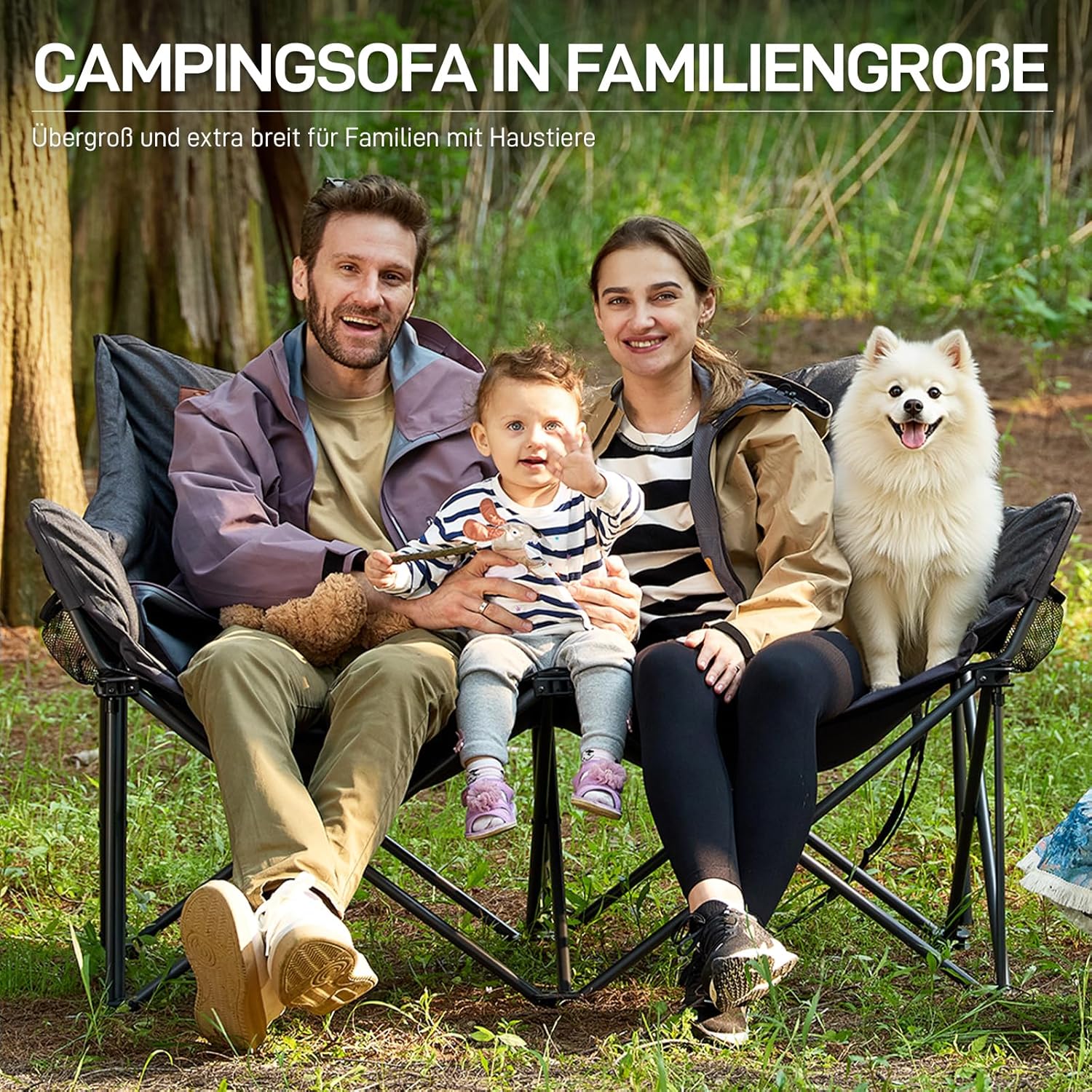 EVER ADVANCED Campingstuhl Faltbar 145cm Breit für 2 Personen Faltsofa 400KG Belastbar, Campingsofa Dick Gepolstert Klappstuhl 2 Sitzer Hohe Lehne Extra Breit für Outdoor Garten Balkon Indoor