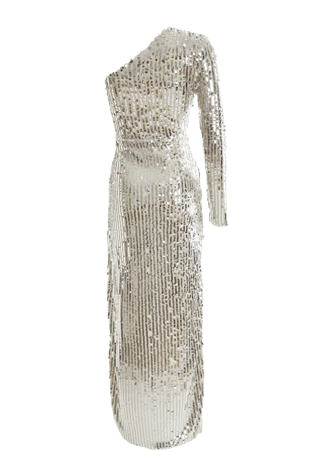 Ellen Silver-Nude Sequin Asymmetric-Sleeve Side Split Maxi-Dress
