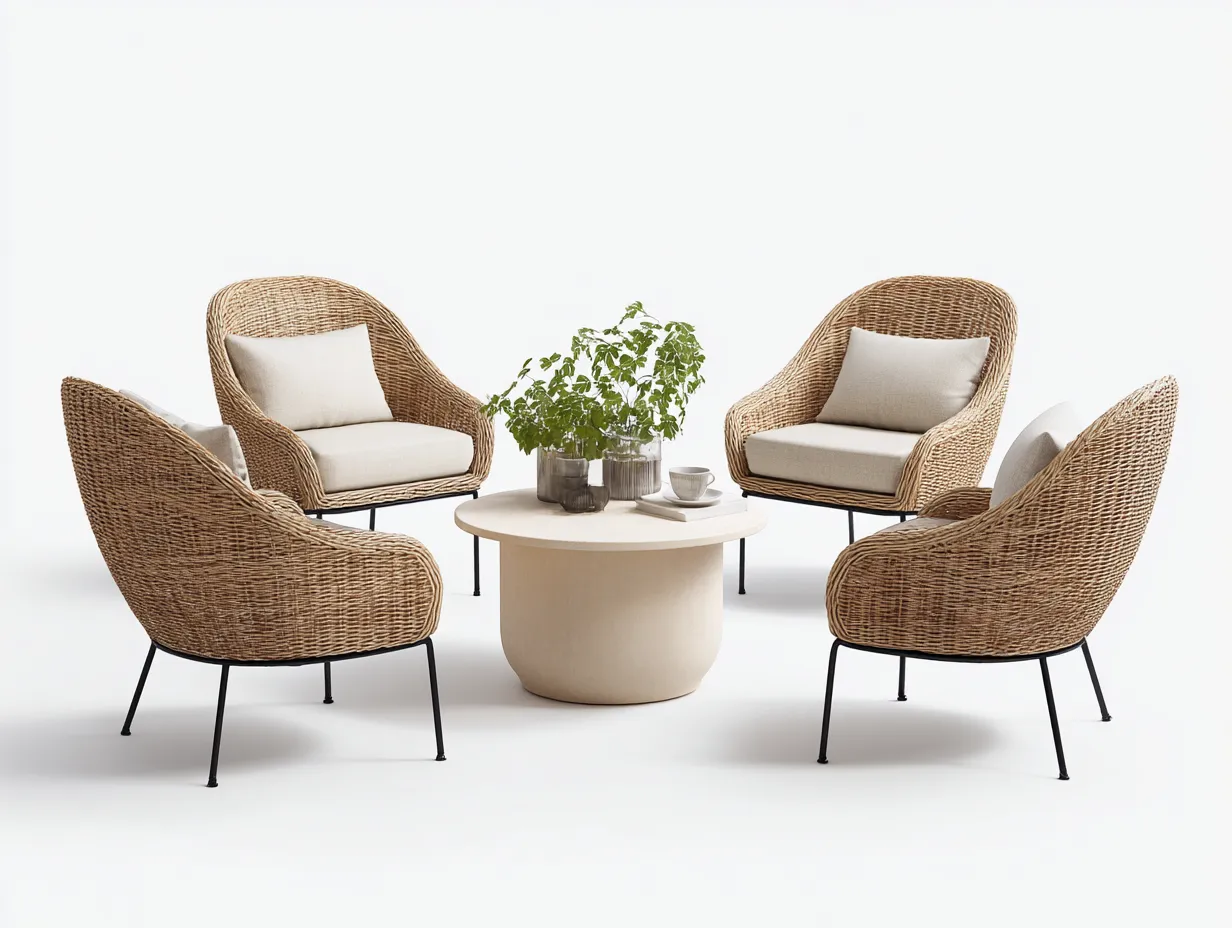Garten Lounge Set-Rattan-Metall-Holz-86 x 80 x 82 cm-Natur-Beige-Schwarz-Moderner Gartenstil