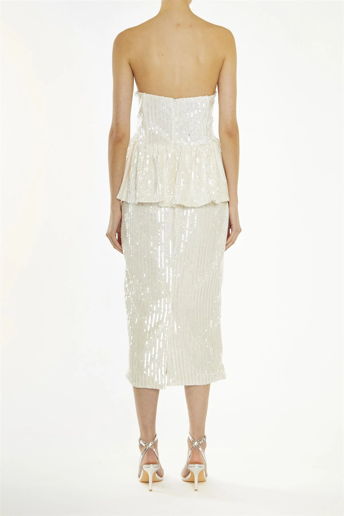 Alyssa Clear-Nude Sequin Bandeau Peplum Midi-Dress