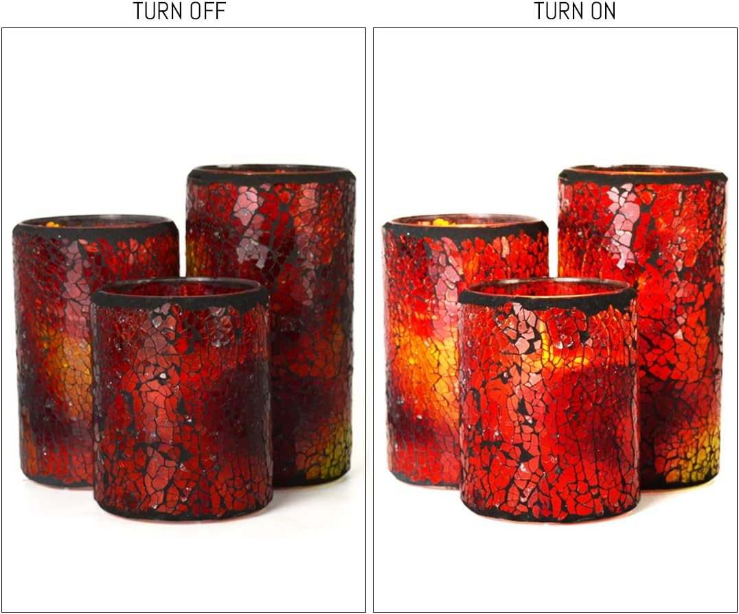 TELOSMA LED Mosaik flammenlose Kerze, rot gelb rissiges Glas Muster beweglicher Docht Stumpenkerze – Tafelaufsätze Kegelbett Kamin Herbst Dekor – Set von 3