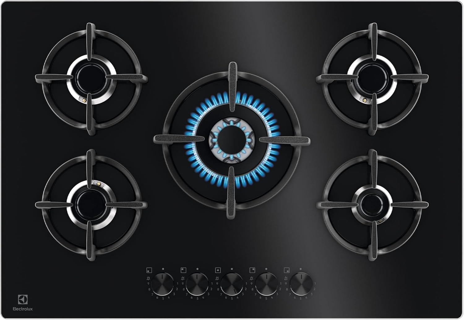 Electrolux Piano Cottura Gas EGG75372K Serie 600, Gas on Glass 75 cm da Incasso, 5 Fuochi, Bruciatore Rapido, Bruciatore Wok, Precisa Regolazione della Fiamma, Sicurezza Sicurgas, 740x510, Nero