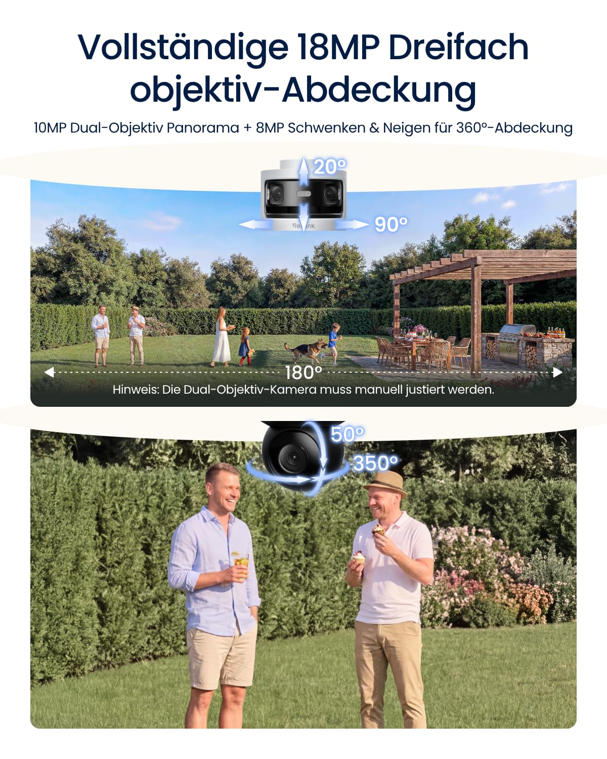 Überwachungskamera Außenbereich OMVI 3i WiFi mit 10MP+8MP Dreifachobjektiv, 18MP Ultra HD, 180° Panorama und 4K PTZ, Dualband Wi-Fi 6