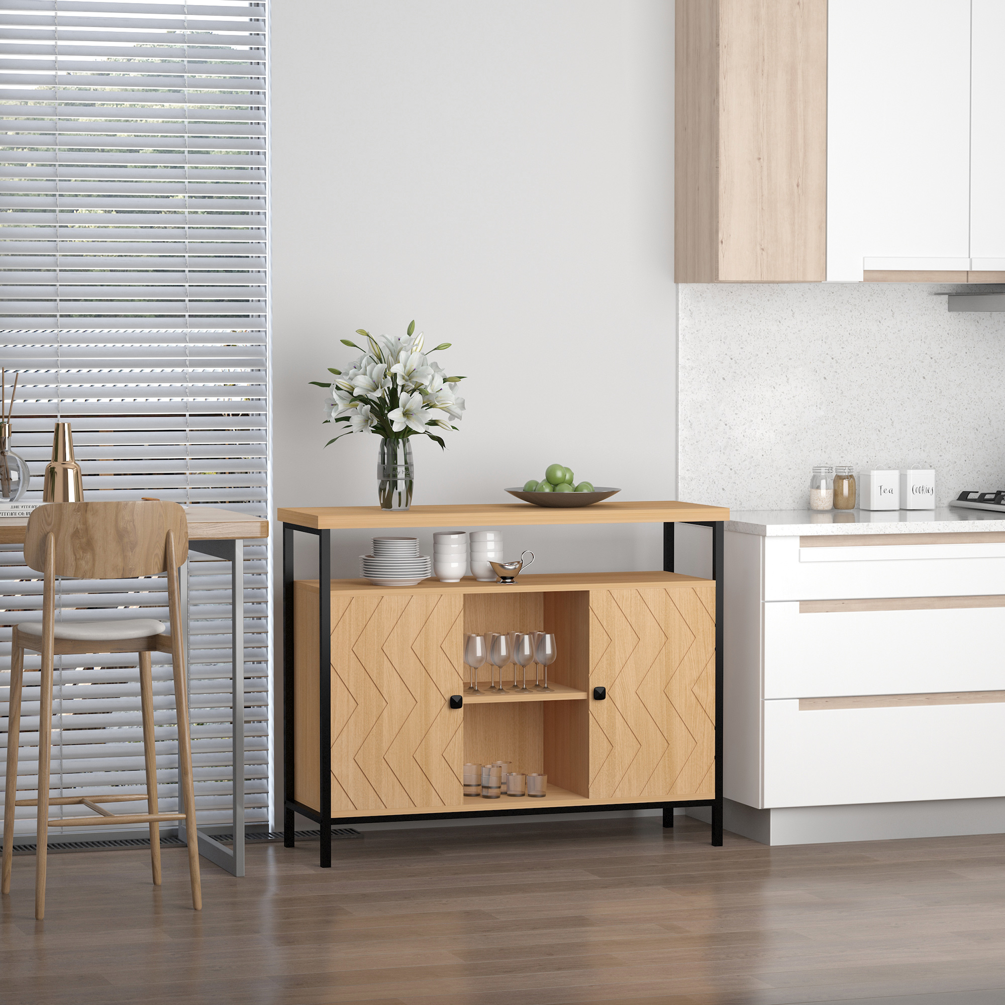HOMCOM Aufbewahrungsschrank Buffet mit grafischem Stil, 2 Schränke, Tür mit Regal, 2 Nischen, großem Plateau, schwarzem Metall, Eichenoptik MDF