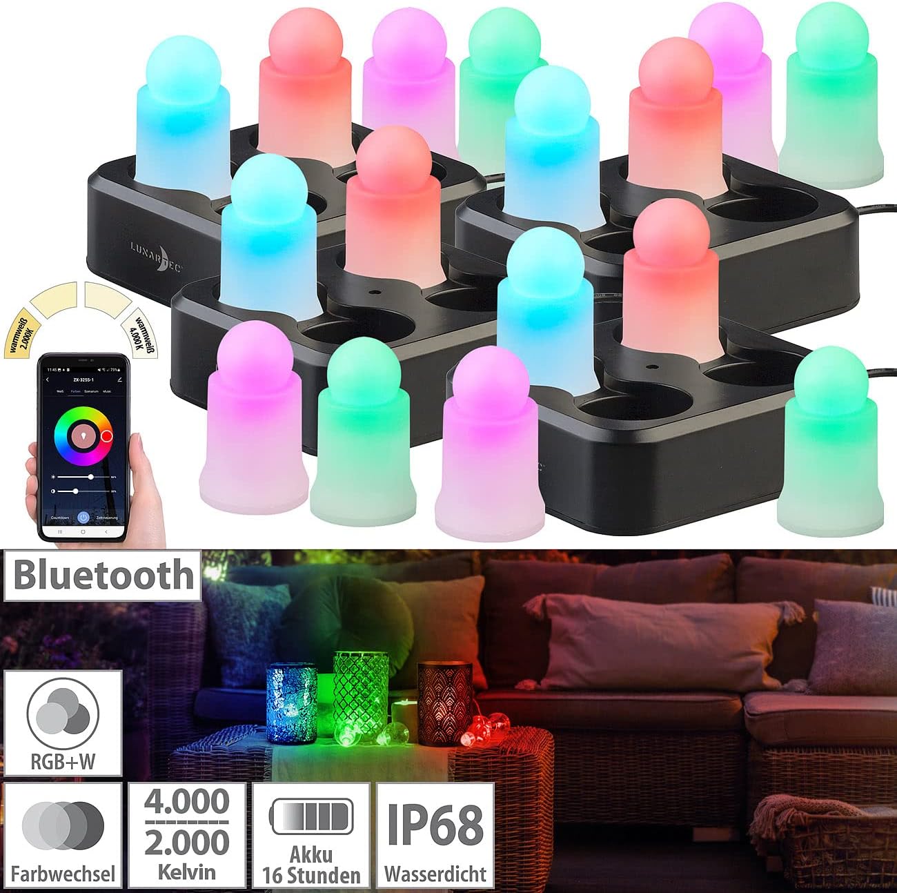 Lunartec LED Kerze Ladestation: 16er-Set wetterfeste LED-RGBWW-Kerzen mit Akku und Ladeschale, App (aufladbare Kerzen-Sets, mit Ladestation, Flamme)