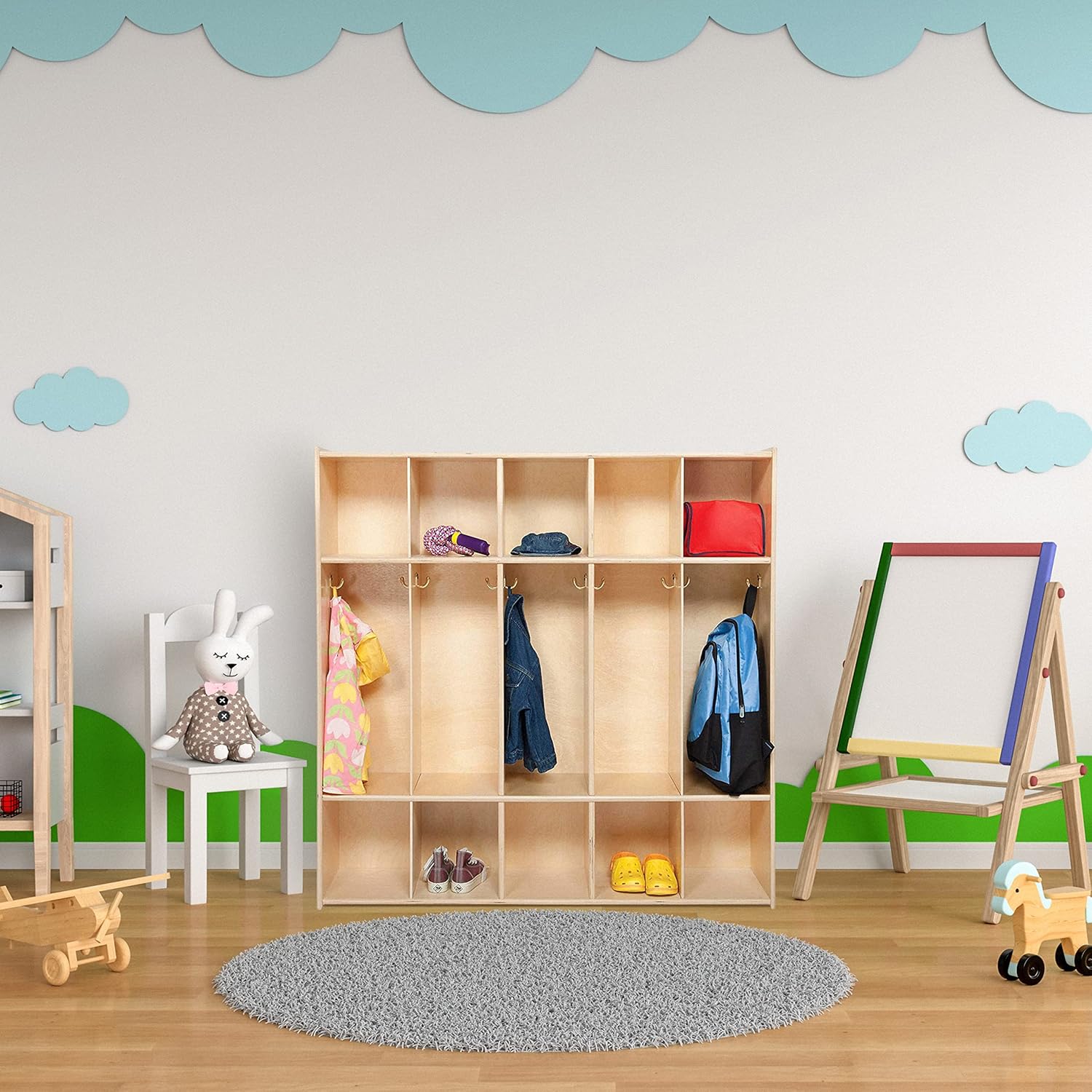 Montessori 5-Section Coat Locker & Backpack Hanger, Wooden