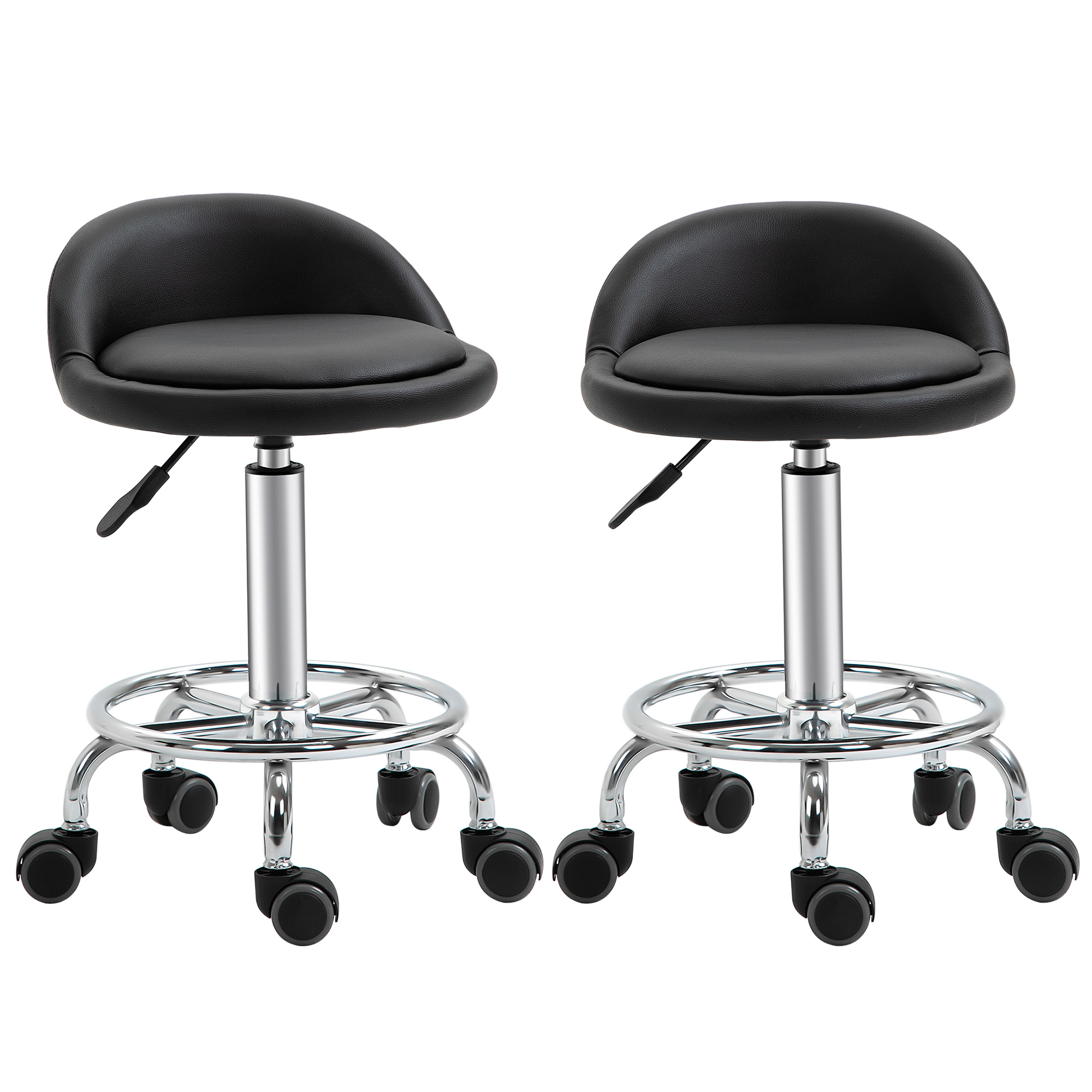 HOMCOM Set aus 2 Rollhockern mit 360° drehbarer Sitzfläche, höhenverstellbar 47-62H cm, verchromter Stahl, schwarzer synthetischer Bezug